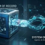 Technical comparison between a static 'System of Record' database and a dynamic 'System of Action' powered by Agentic AI orchestration in a 2026 enterprise environment.