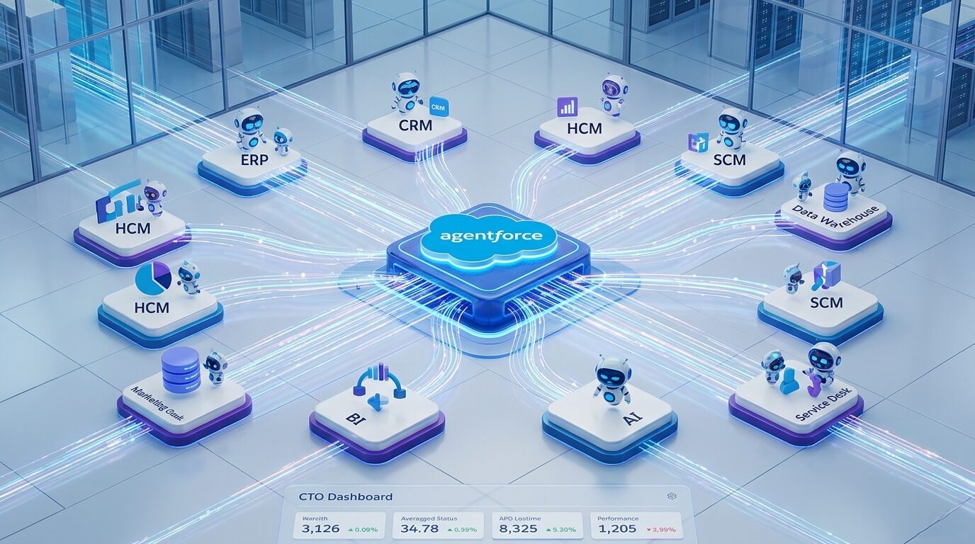 Smart Choices: Visual representation of autonomous AI agents like Salesforce Agentforce integrating enterprise software data