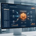 Futuristic 2026 dashboard interface showing a low-code workflow builder with AI Agent modules and a glowing orange central AI Decision Node, representing digital ecosystem orchestration.