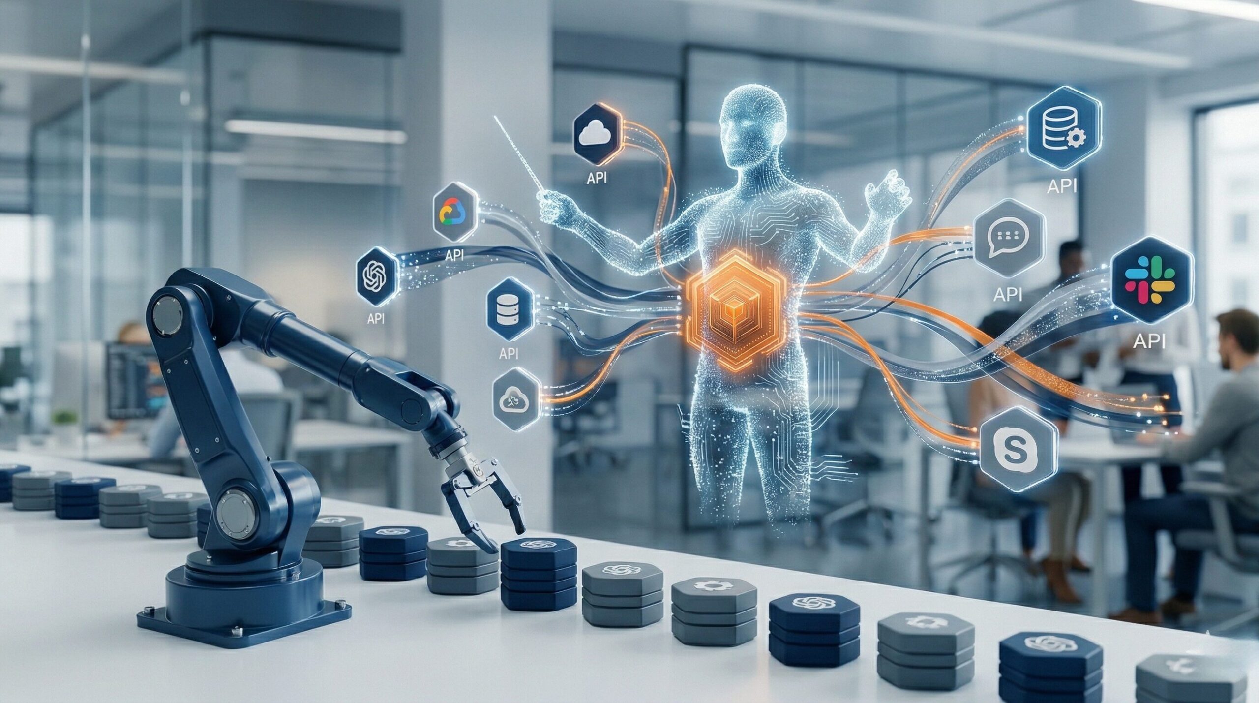 Comparative infographic featuring a linear robotic arm versus a digital 3D AI Conductor orchestrating Agentic Workflows.