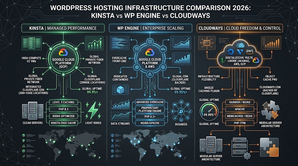 Kinsta vs WP Engine vs Cloudways infrastructure comparison 2026 — Google Cloud CDN uptime performance