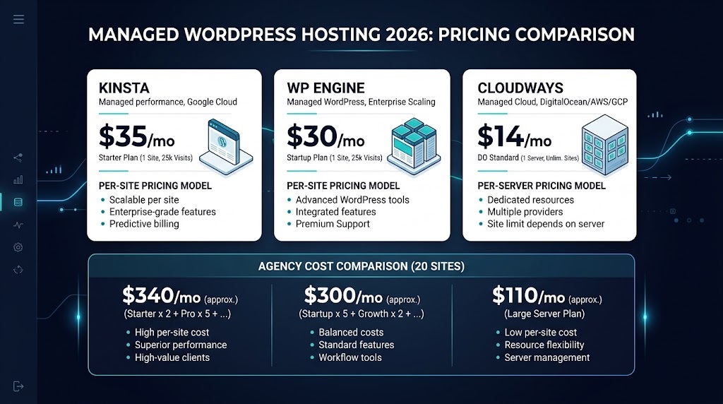 WordPress hosting pricing comparison 2026 — Kinsta vs WP Engine vs Cloudways monthly cost by site count