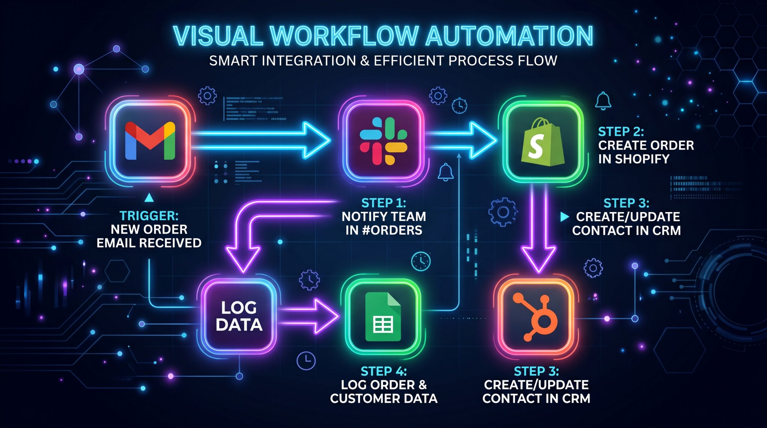 Zapier workflow automation diagram — connected app icons with AI-powered decision routing in 2026