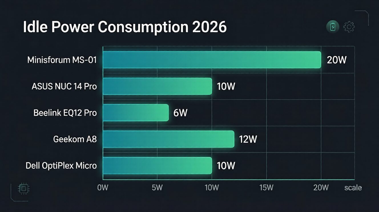 Mini PC home lab 2026 power consumption benchmark — Minisforum MS-01 vs ASUS NUC 14 vs Beelink EQ12