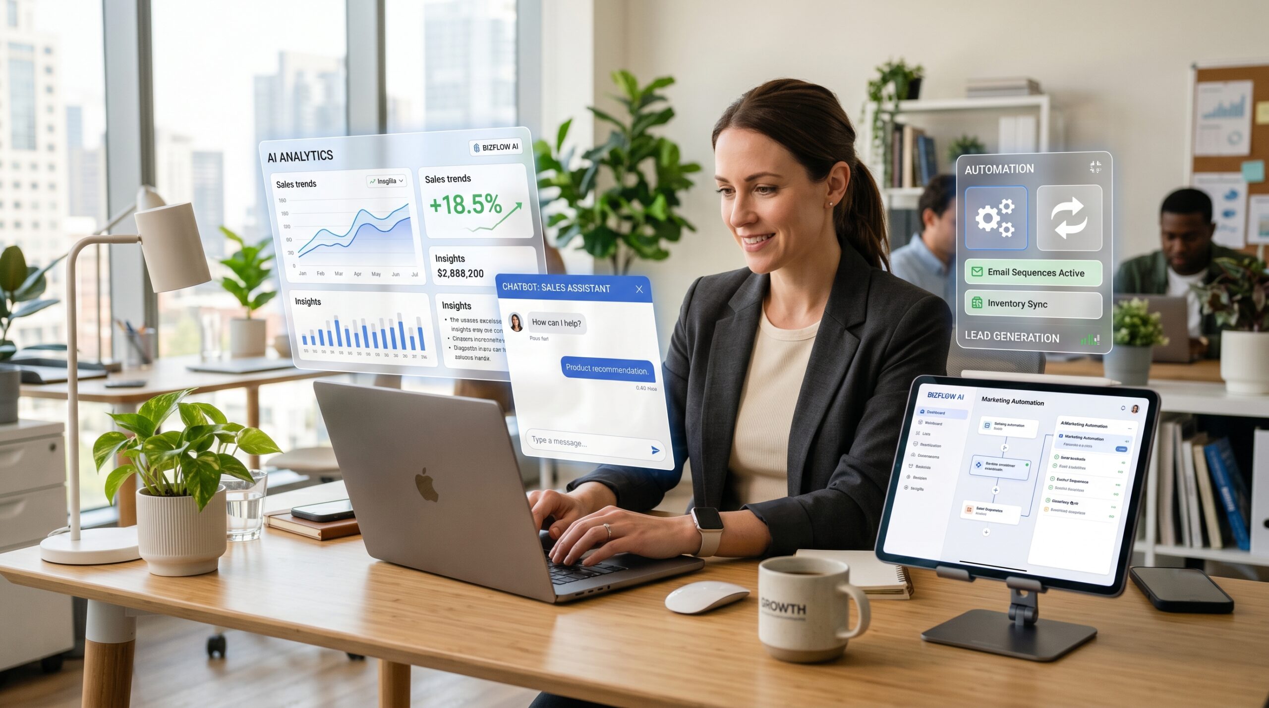Small business owner using AI tools on laptop and tablet — why AI matters in 2026