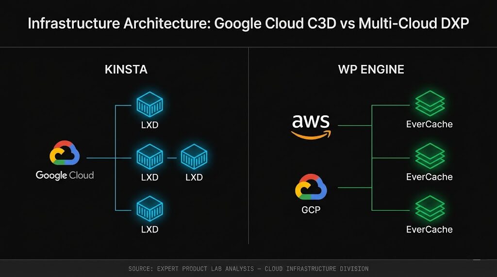 Kinsta vs WP Engine infrastructure architecture comparison — Google Cloud C3D vs Multi-Cloud DXP 2026