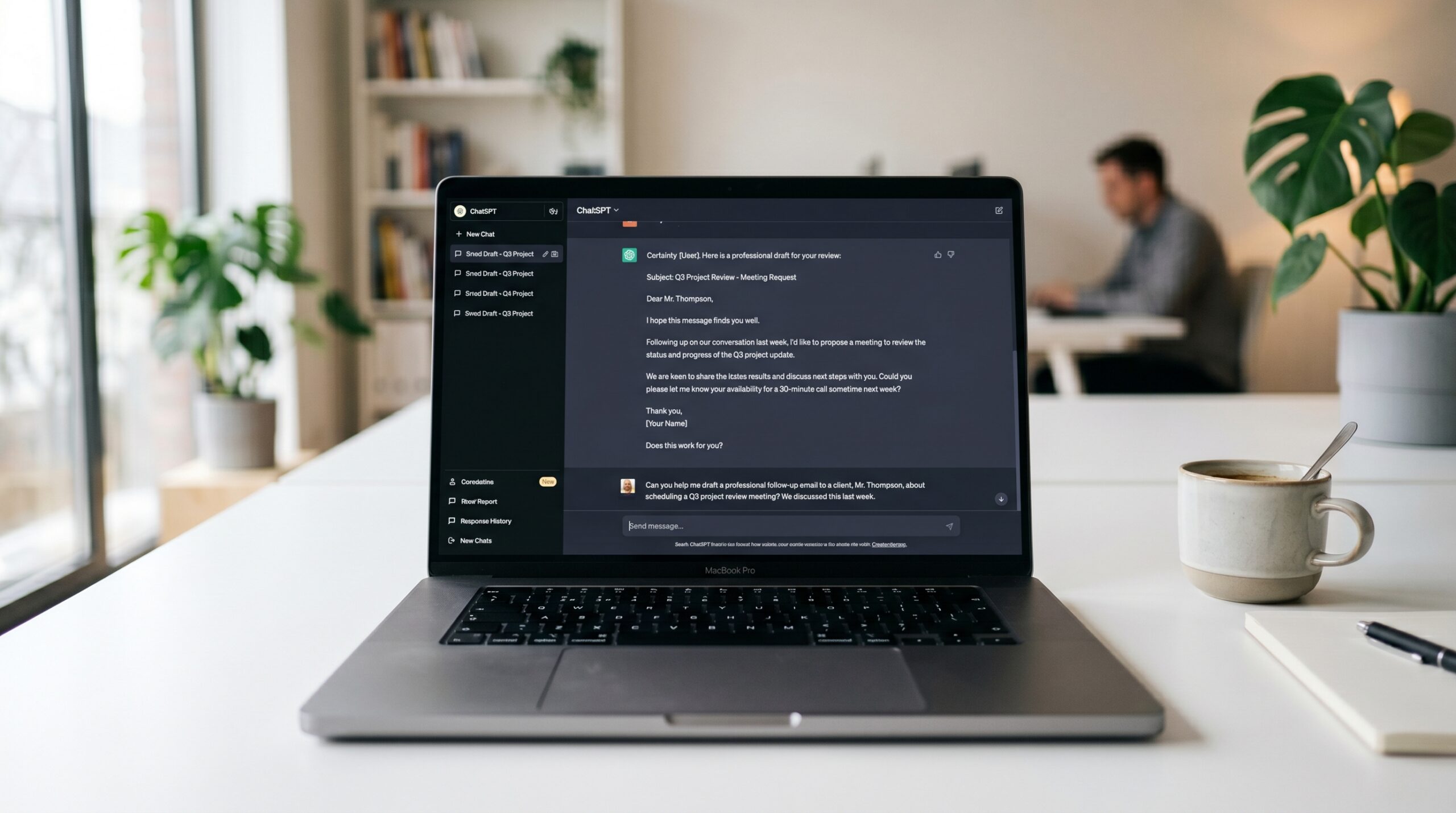 ChatGPT interface mockup on MacBook Pro — drafting a professional business email in 2026