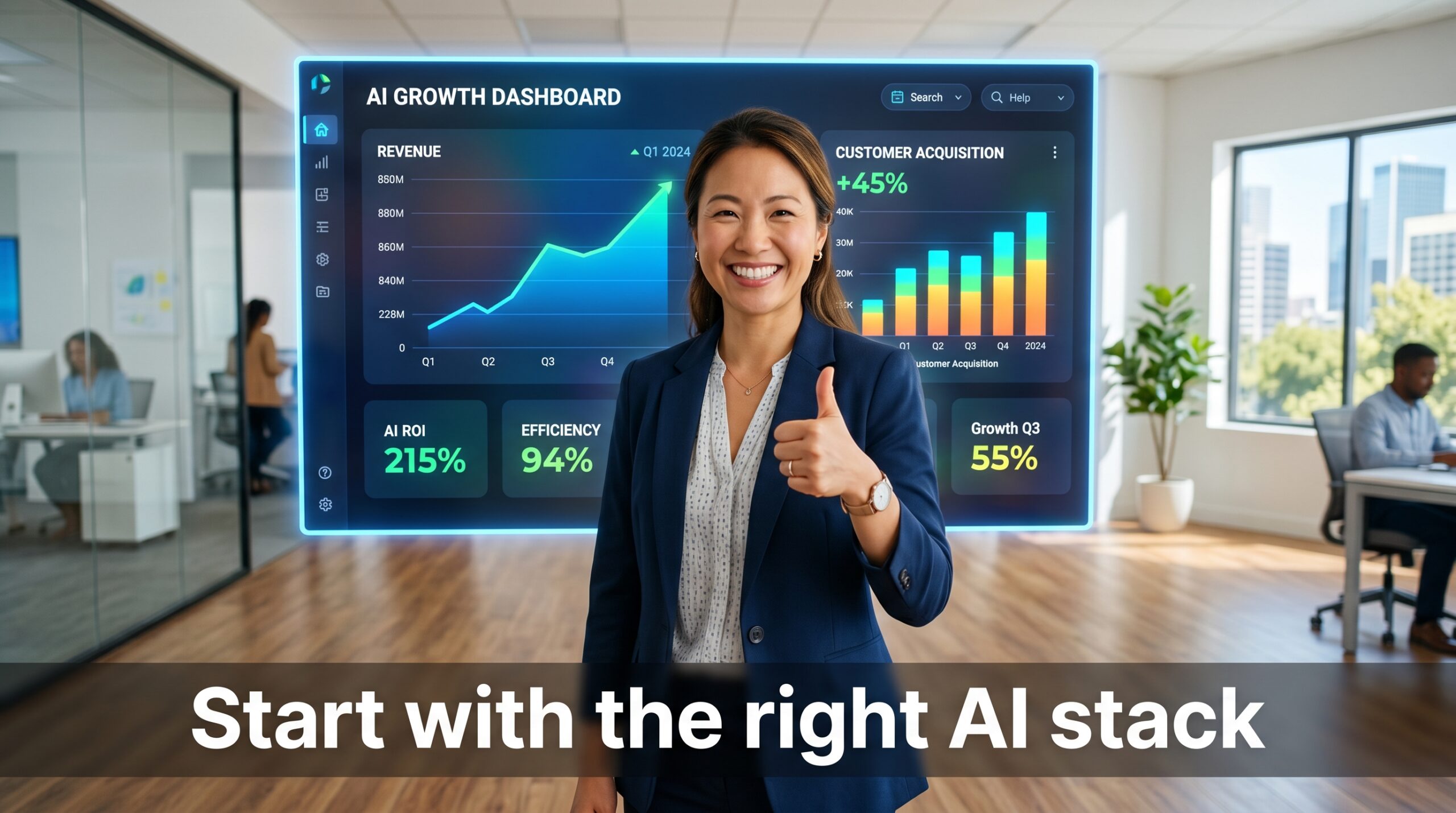 Small business owner confident in front of AI dashboard showing growth metrics — best AI stack 2026