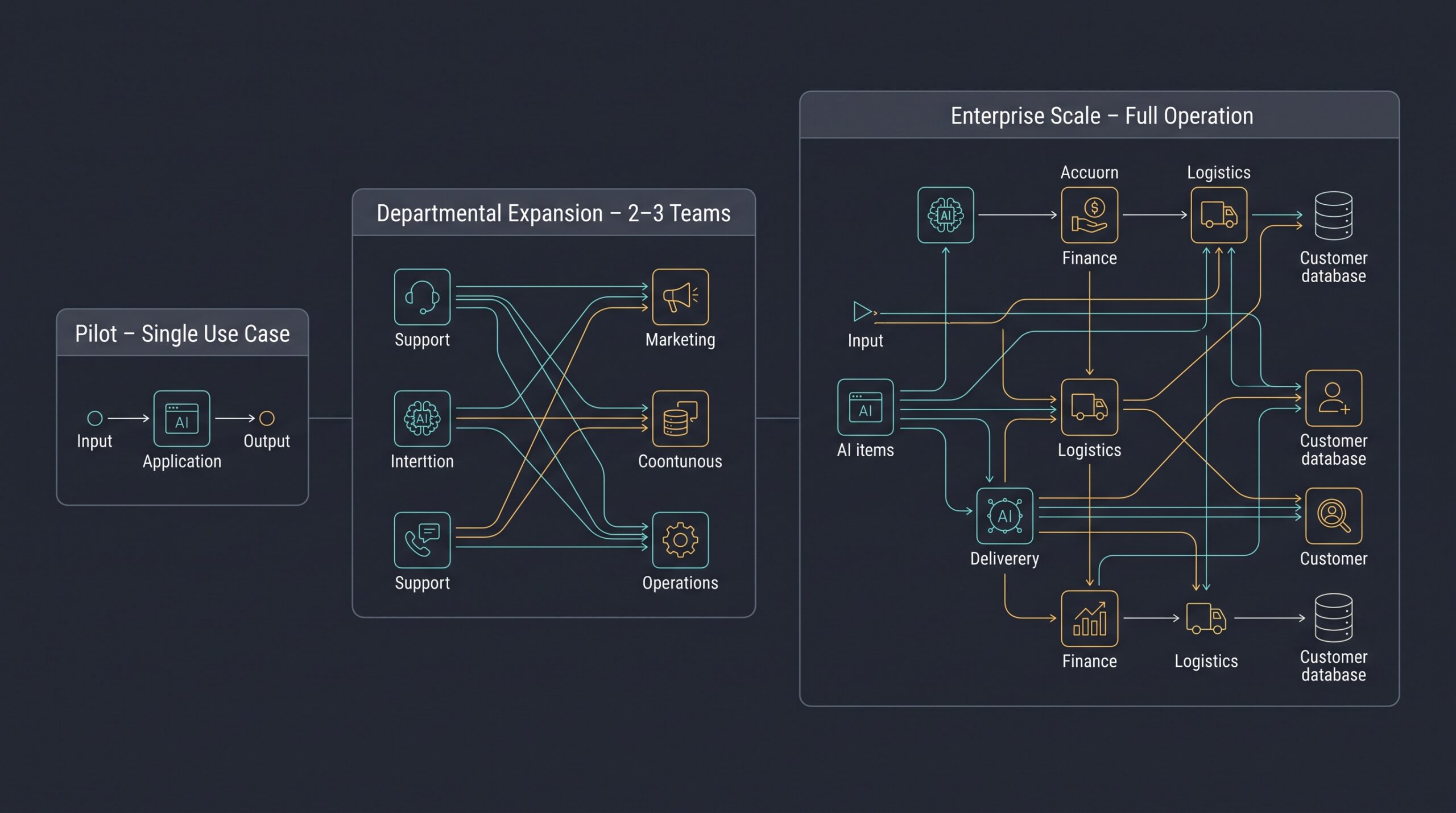 Infographic showing AI rollout progression from pilot, to departmental expansion, to full enterprise scale