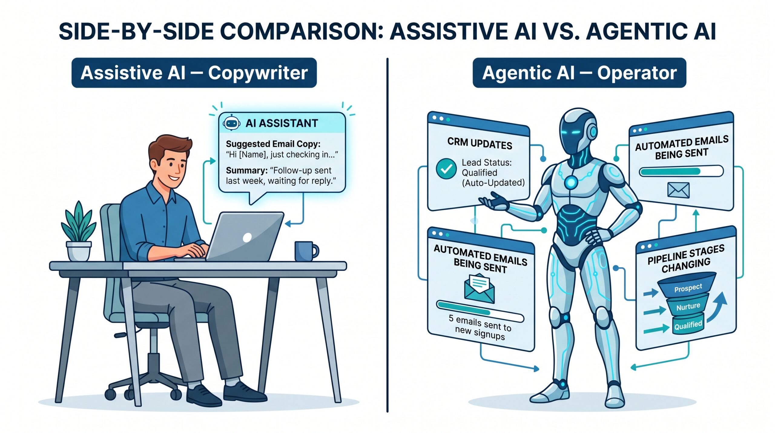 Comparison between assistive AI copywriter and agentic AI operator inside a CRM environment