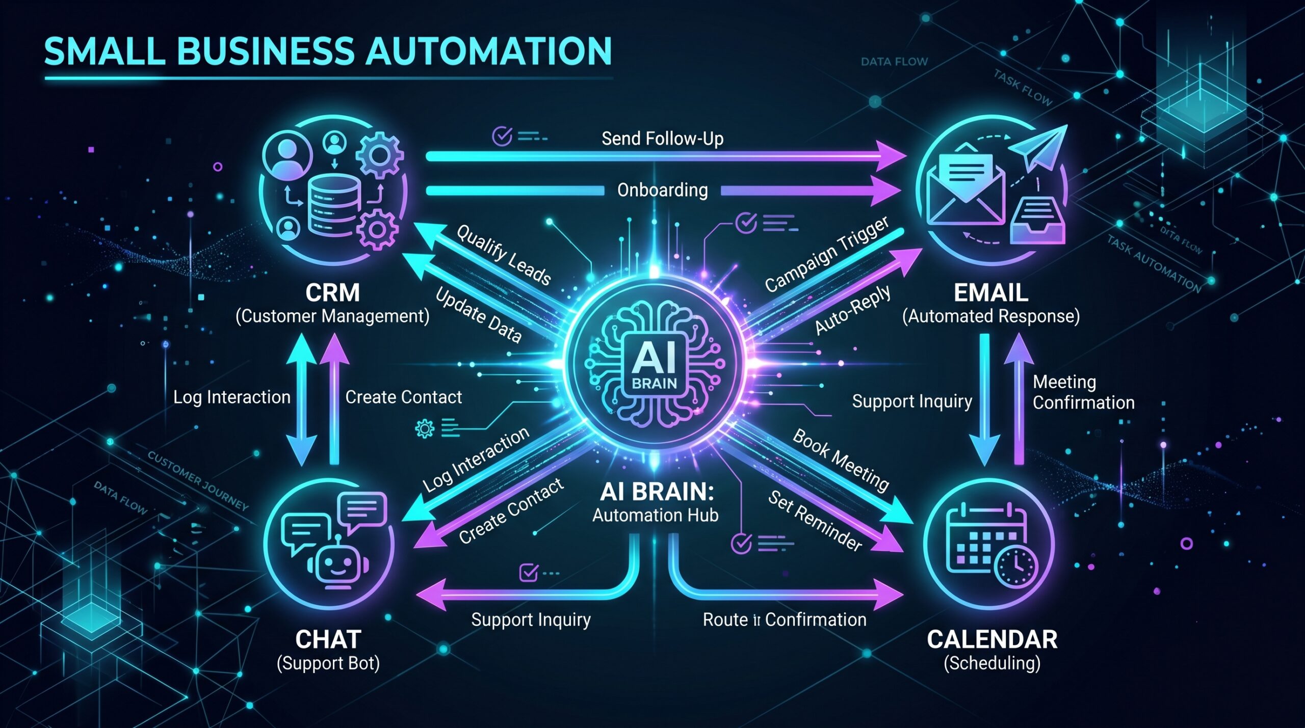 AI workflows connecting CRM, email, and chat into automated systems of action