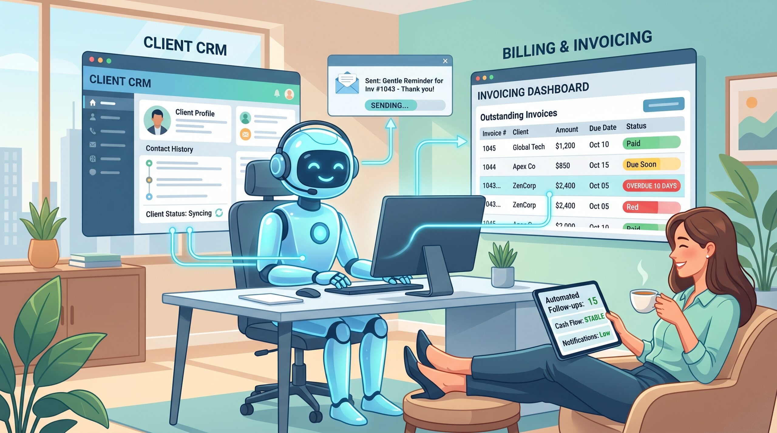 Agentic AI orchestrating small business invoice reminders and collections between CRM and billing system