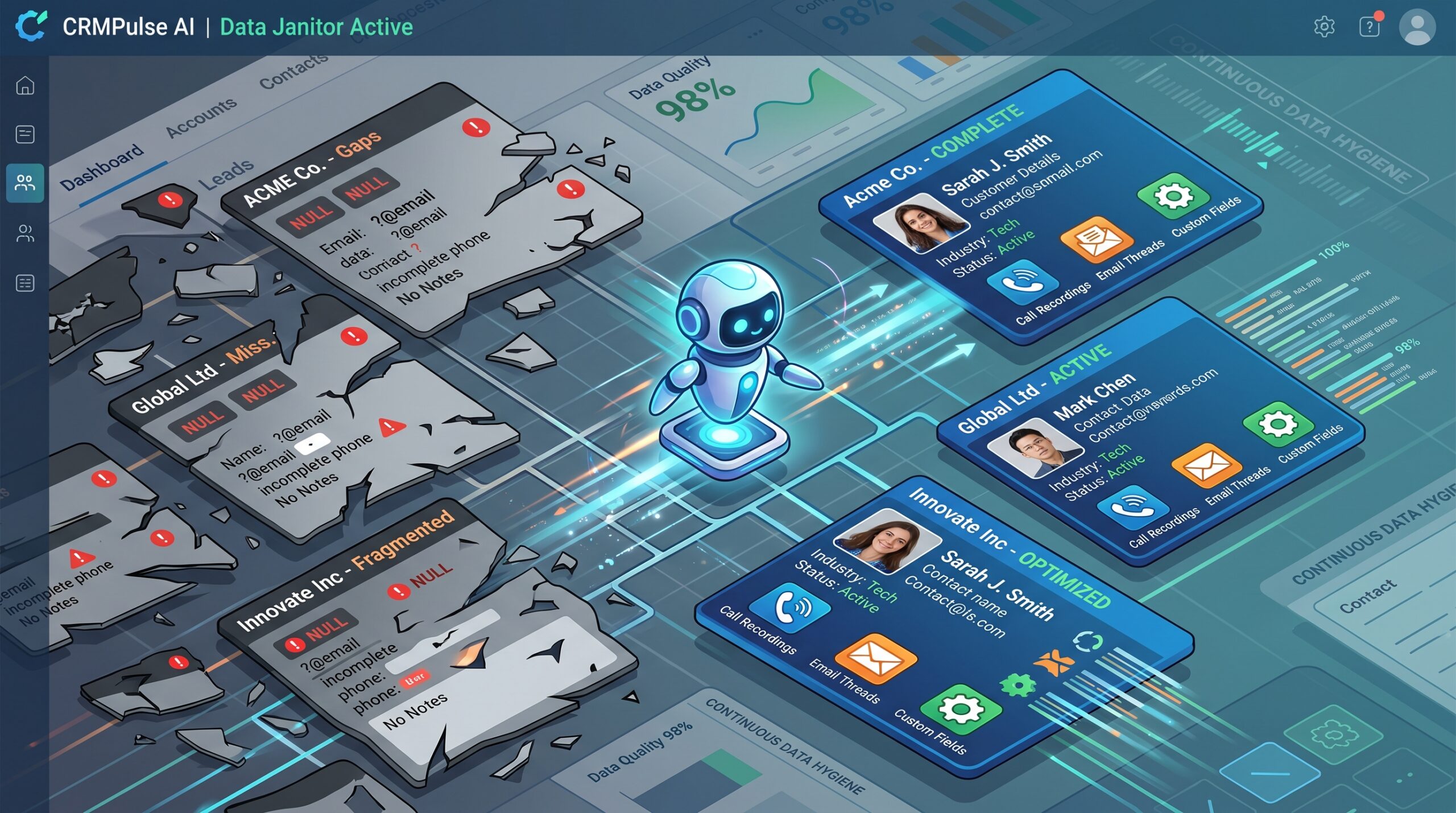 Agentic AI acting as an invisible data janitor cleaning and enriching CRM customer records in the background