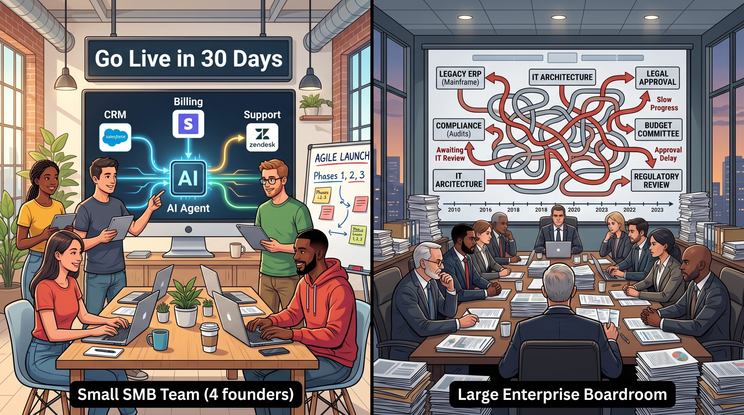 Comparison between agile small business agentic AI deployment and slow enterprise adoption paths
