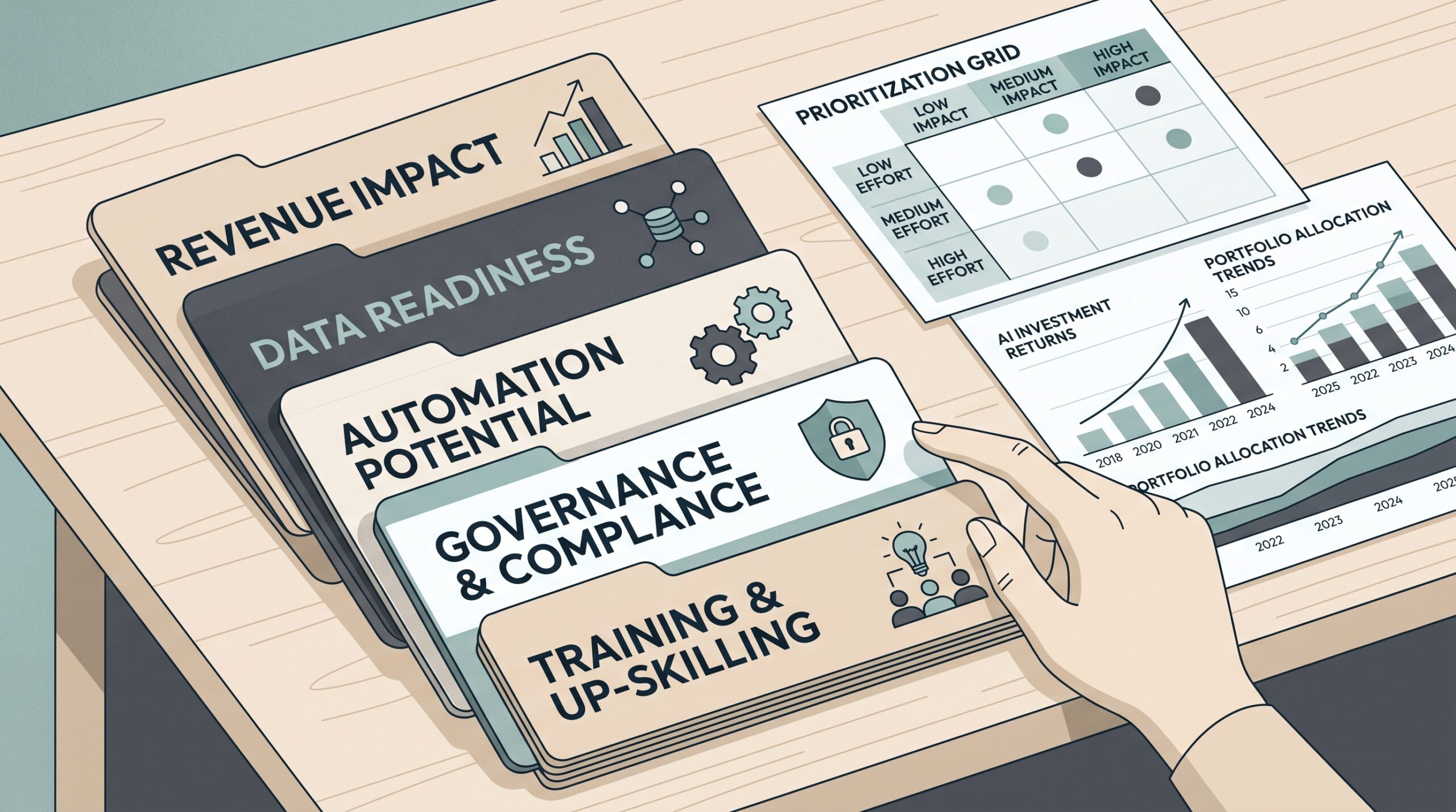 Enterprise AI budget allocation concept showing categories such as governance, revenue impact, automation, and training