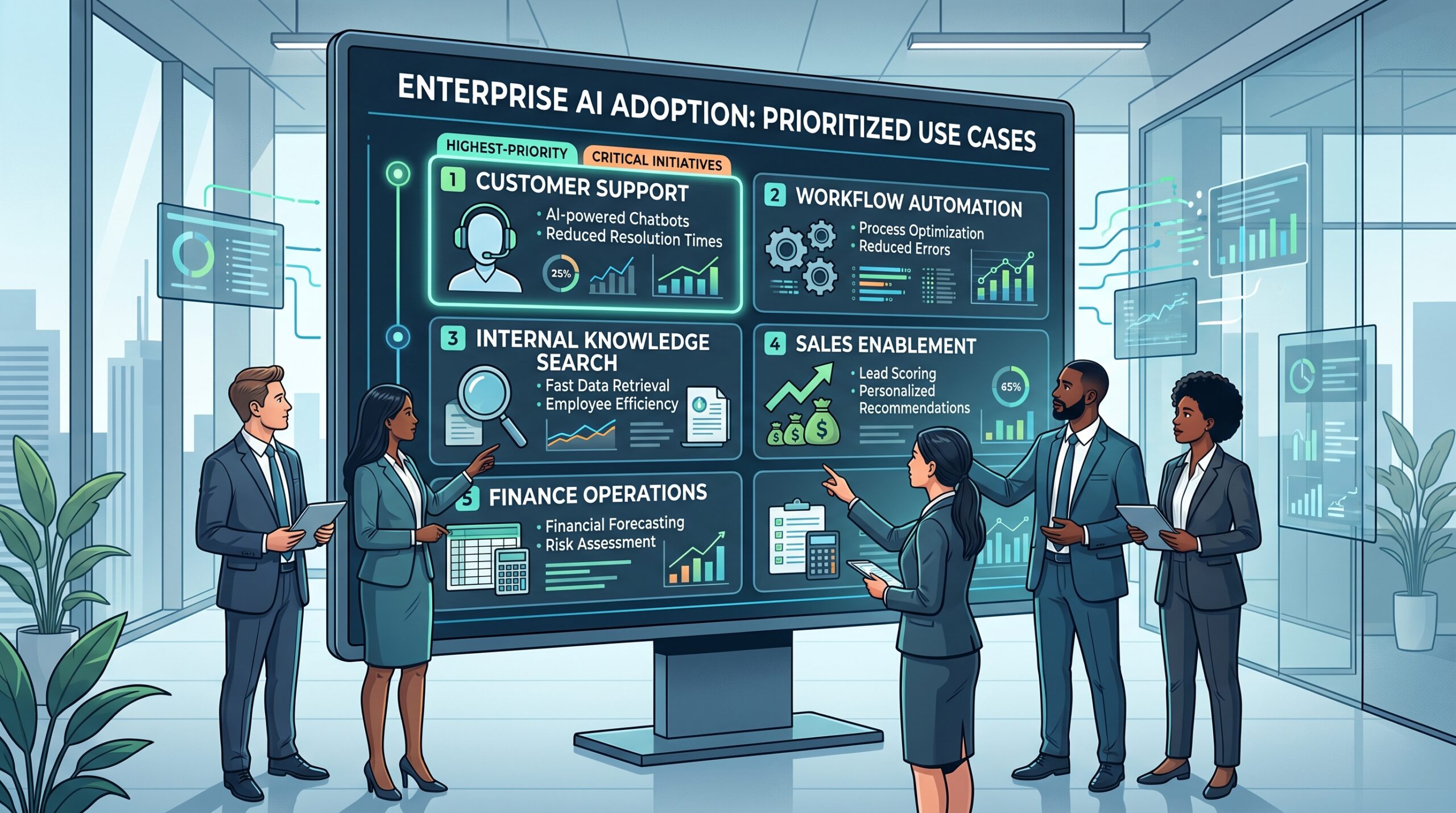 Enterprise AI use case prioritization board ranking customer support, sales enablement, internal assistants, and workflow automation