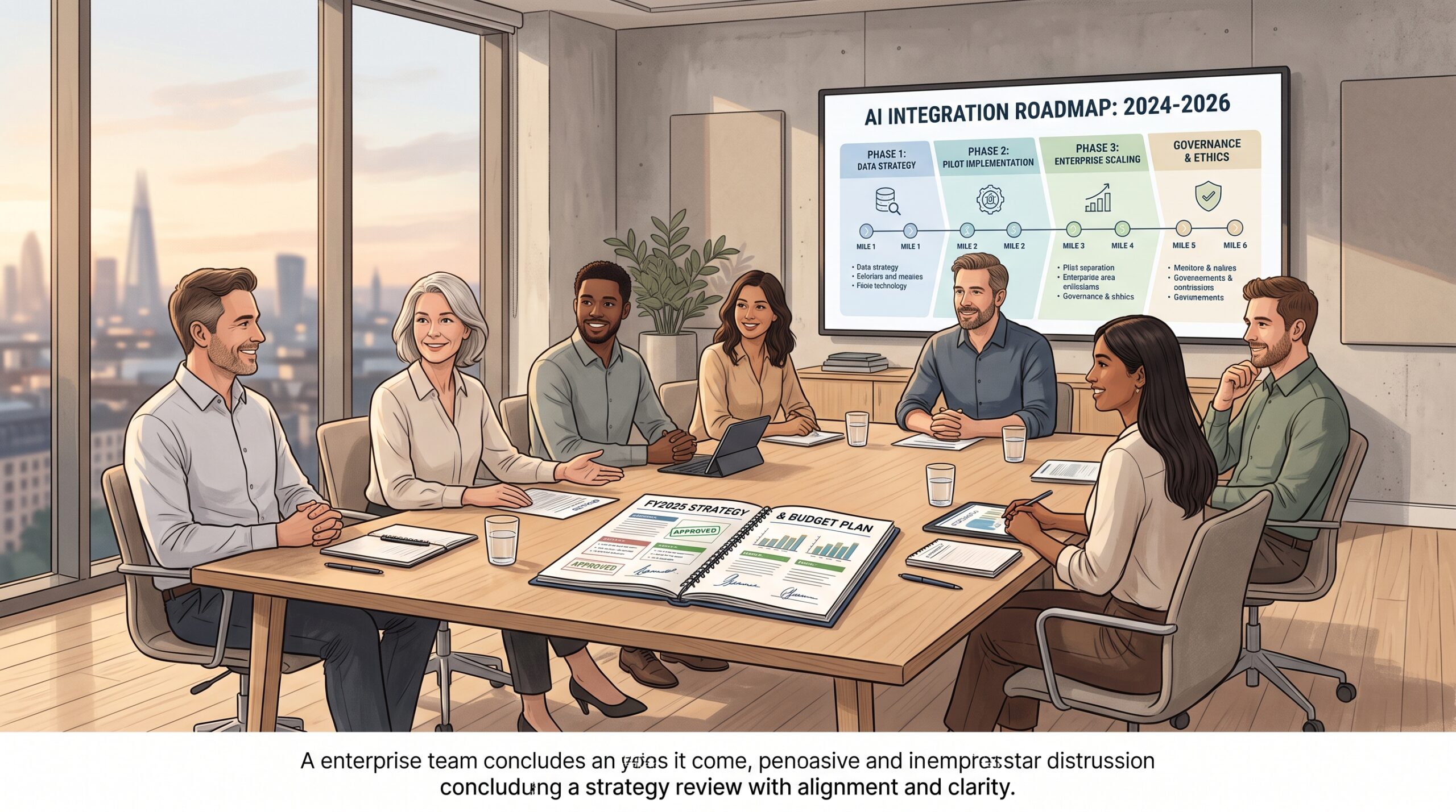 Enterprise team finalizing an AI budget plan with a clear roadmap and aligned strategic priorities
