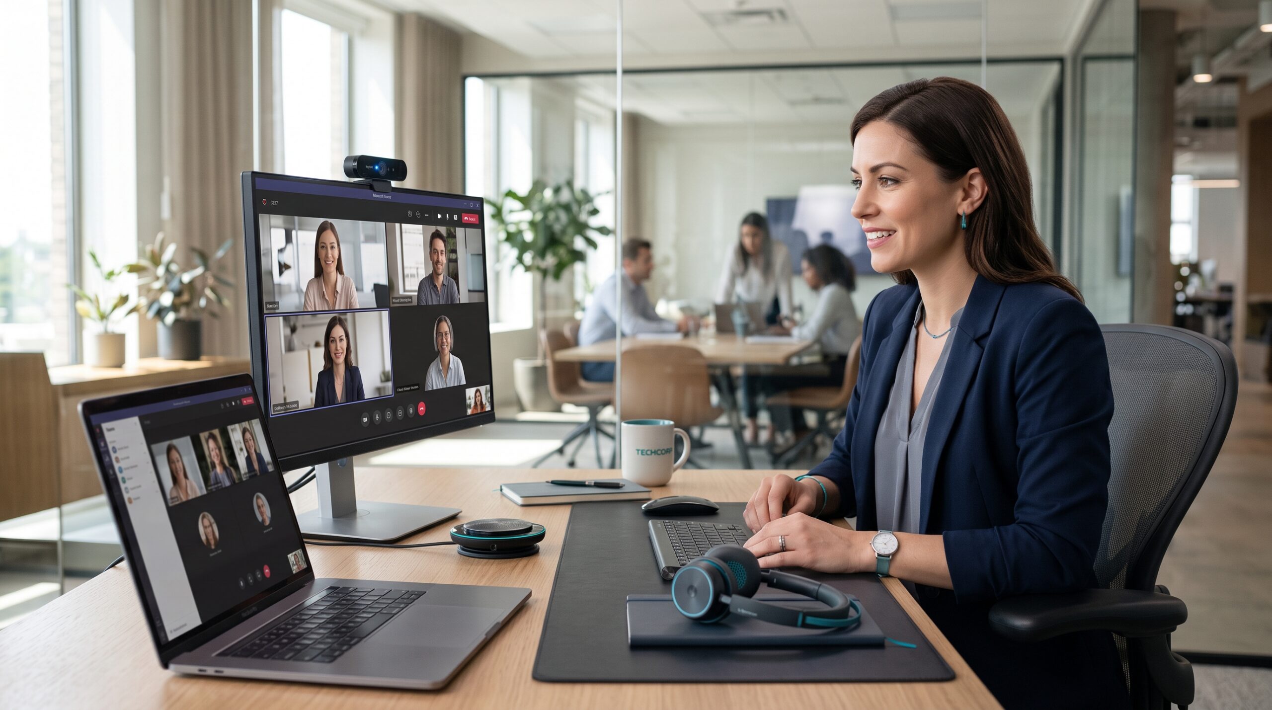 Enterprise worker on a video call using an external webcam, speakerphone, and headset in a modern meeting setup