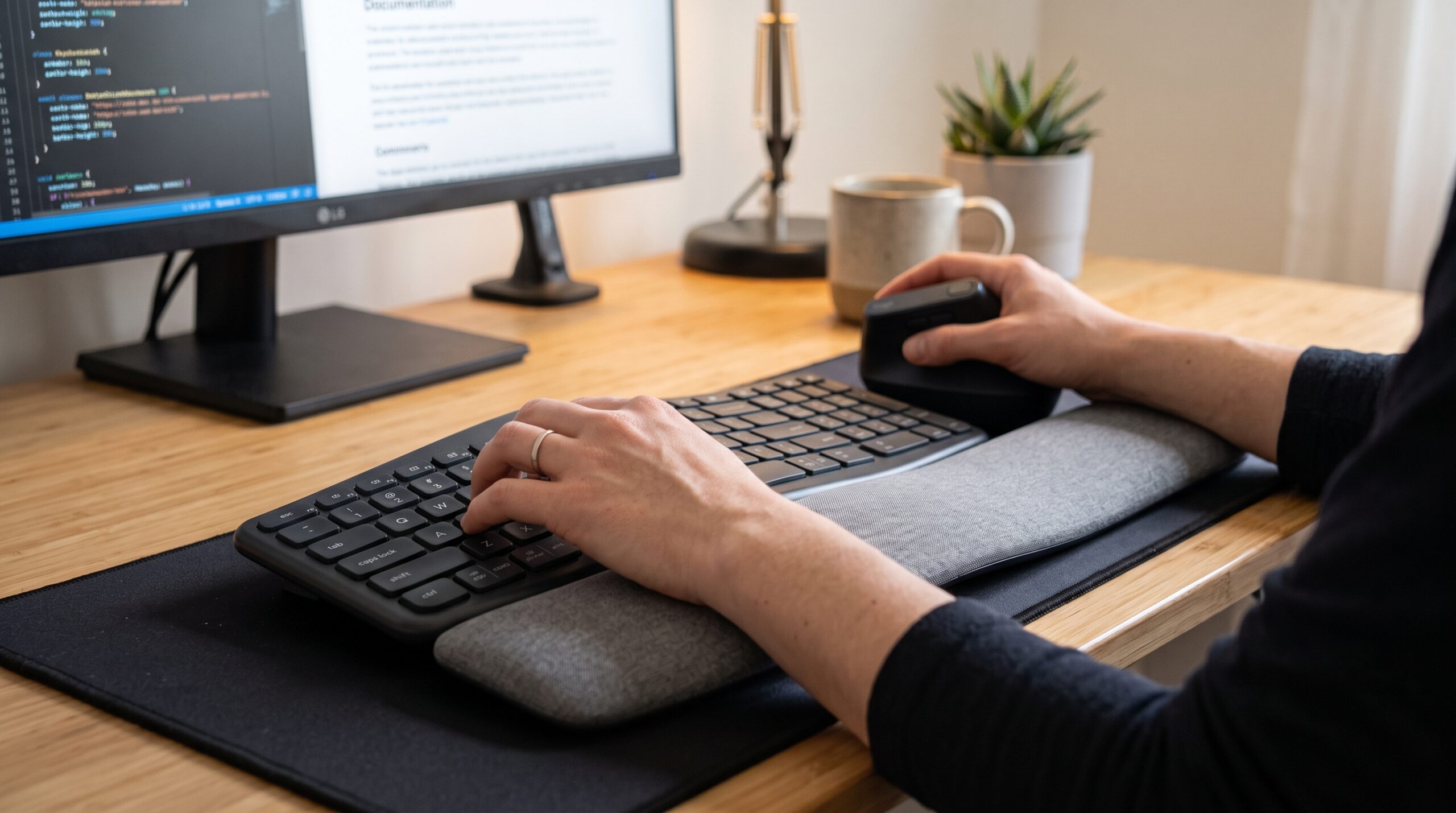 Office worker with correct screen height and posture at an ergonomic enterprise desk