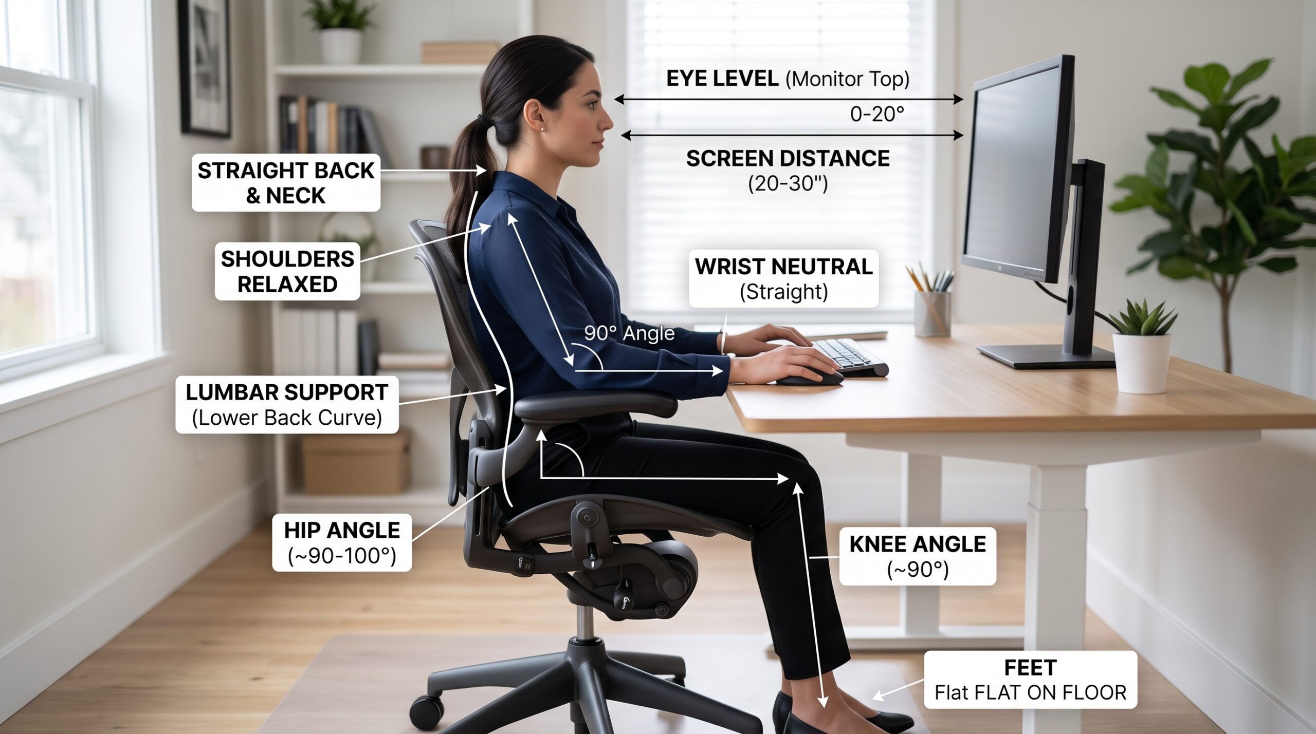 Close-up of ergonomic keyboard and mouse showing neutral wrist position for enterprise workers