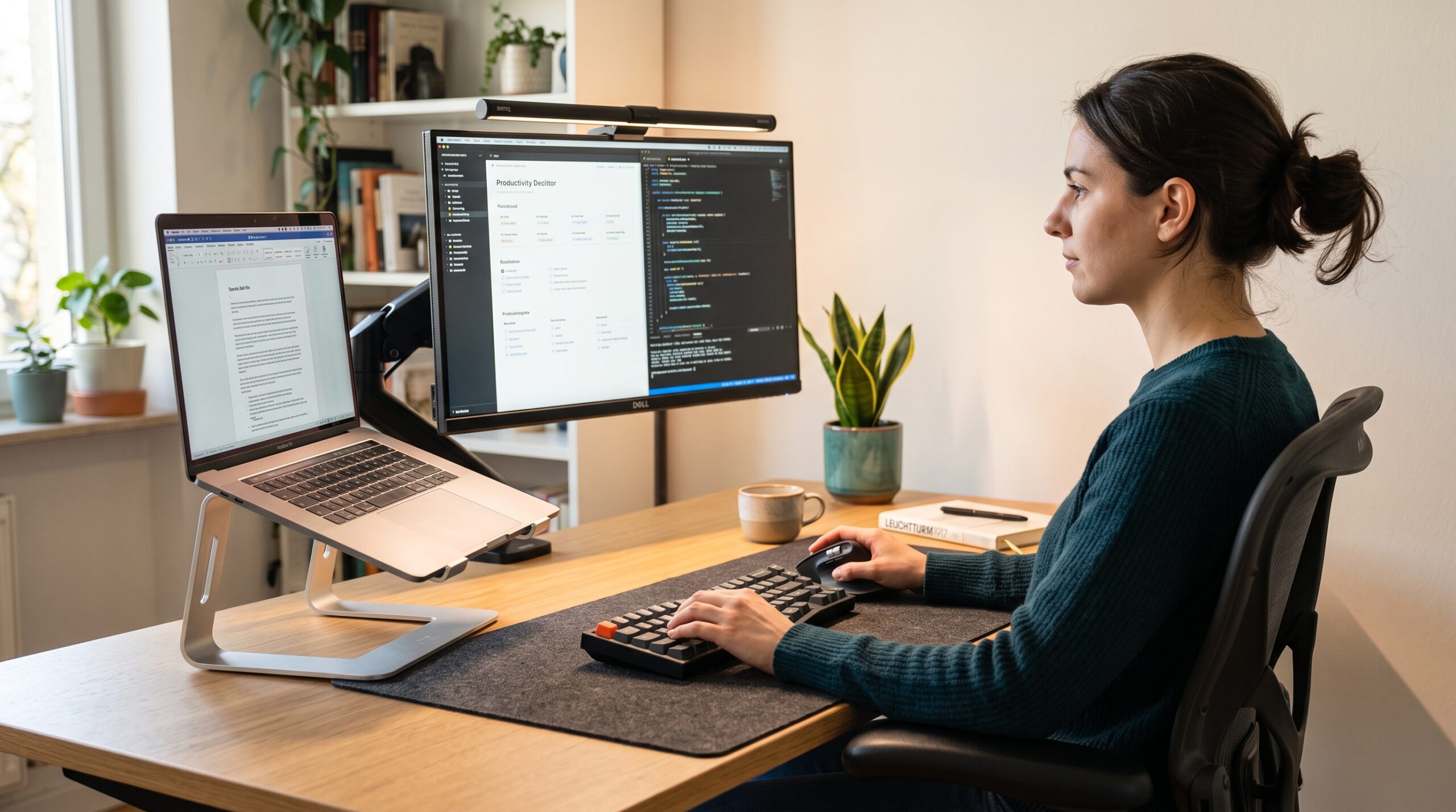Side view of an ergonomic desk setup with laptop stand, external monitor, monitor light bar, and comfortable typing posture