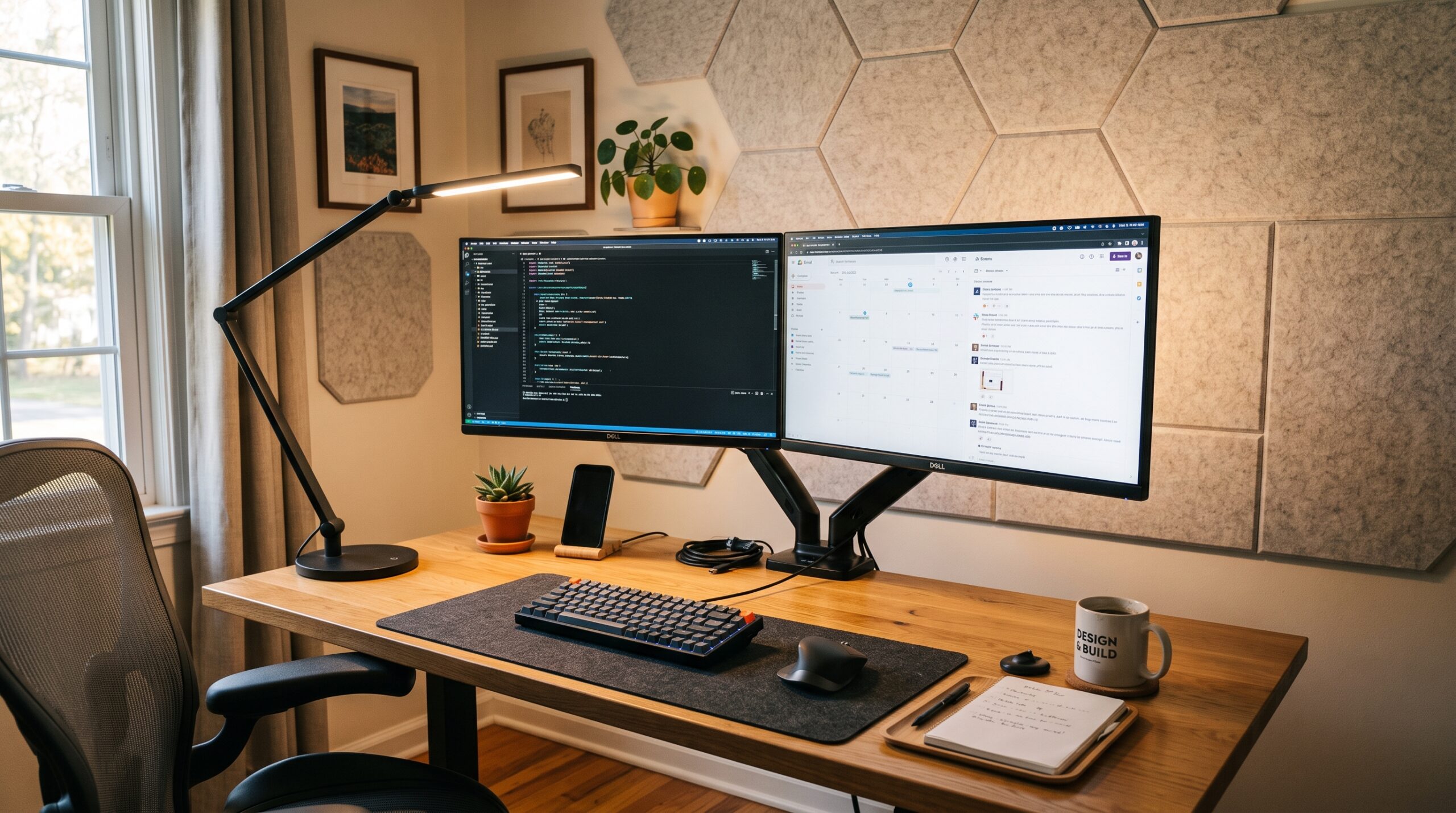 Dedicated home office with dual monitors and wired setup designed for hybrid corporate work
