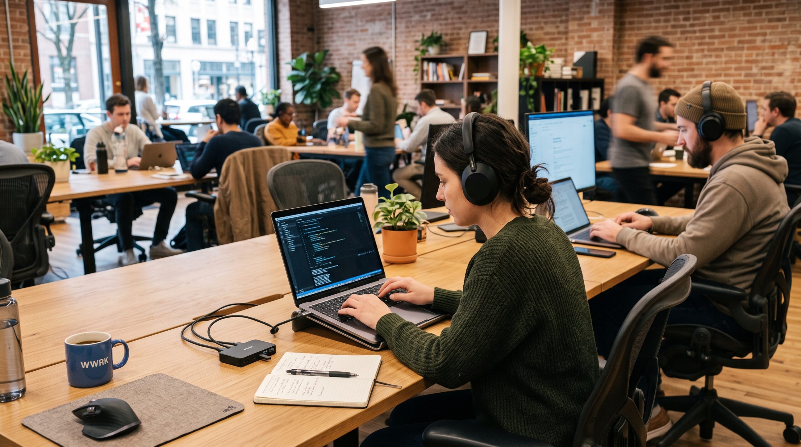 Hybrid coworking hot desk with laptop, headset and compact hub ready for quick setup