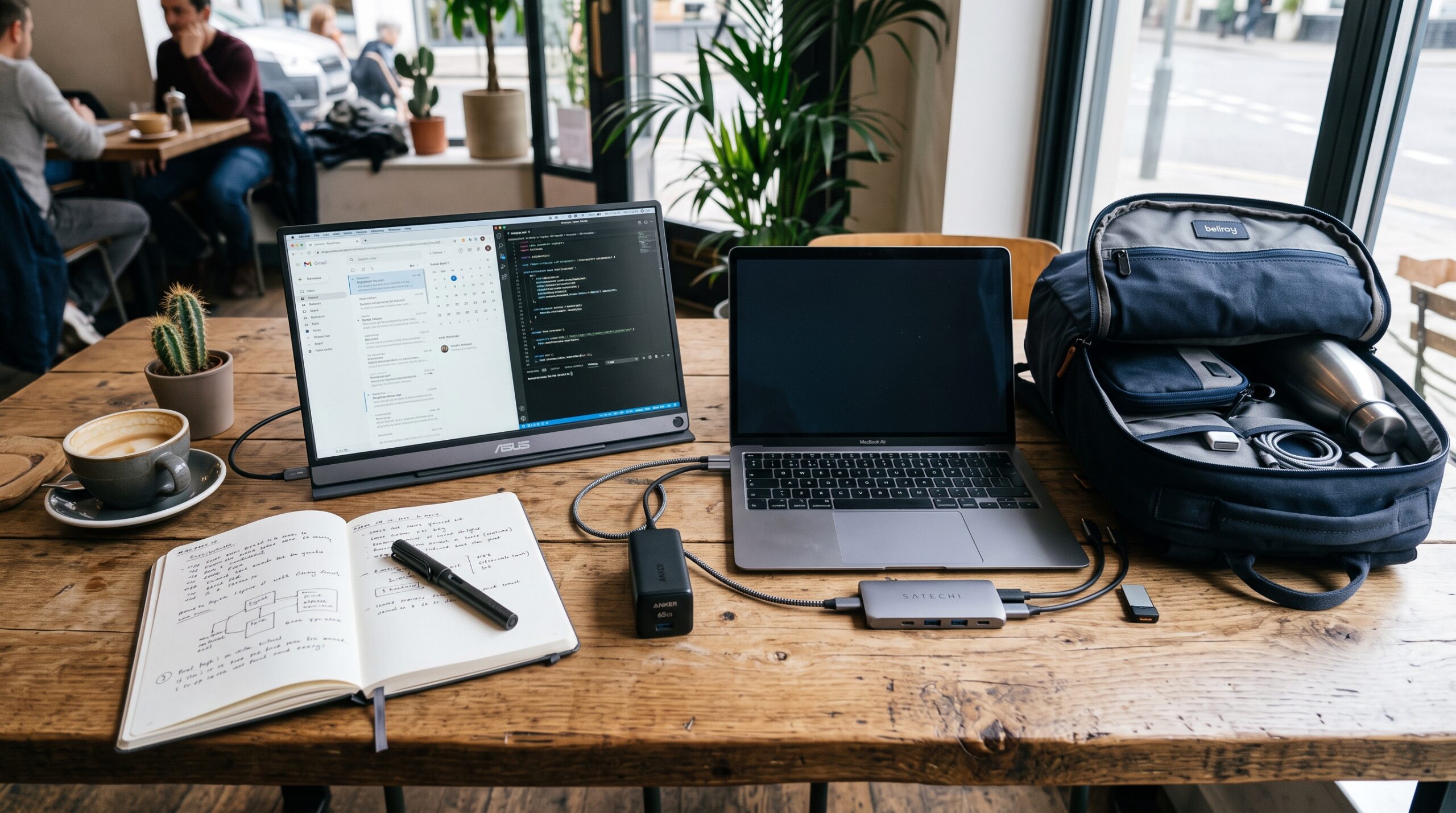 Mobile hybrid work stack with portable monitor, GaN charger and single-cable hub for switching locations