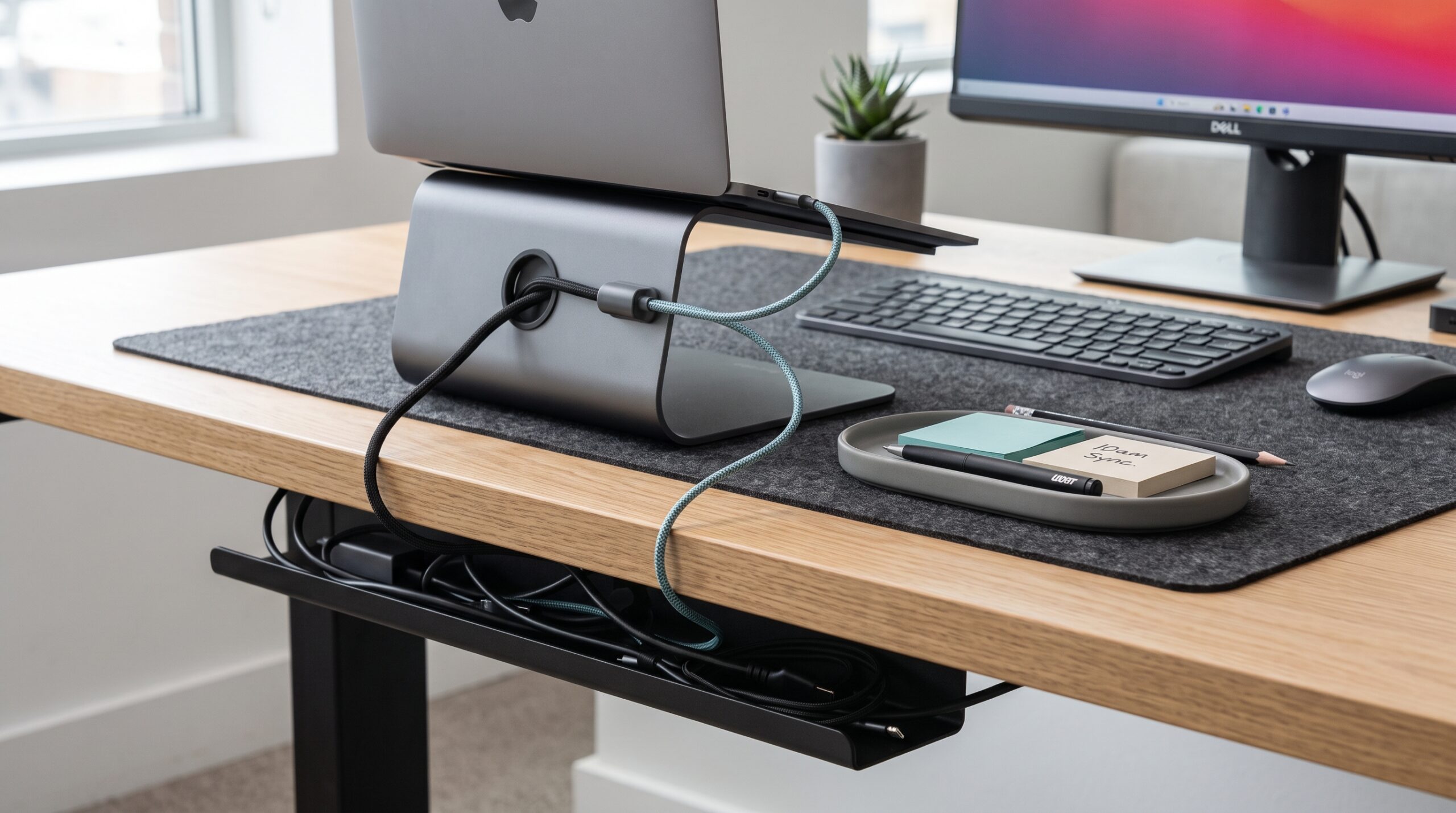 Close-up of organized cables, clips, and desk accessories creating a tidy enterprise workspace