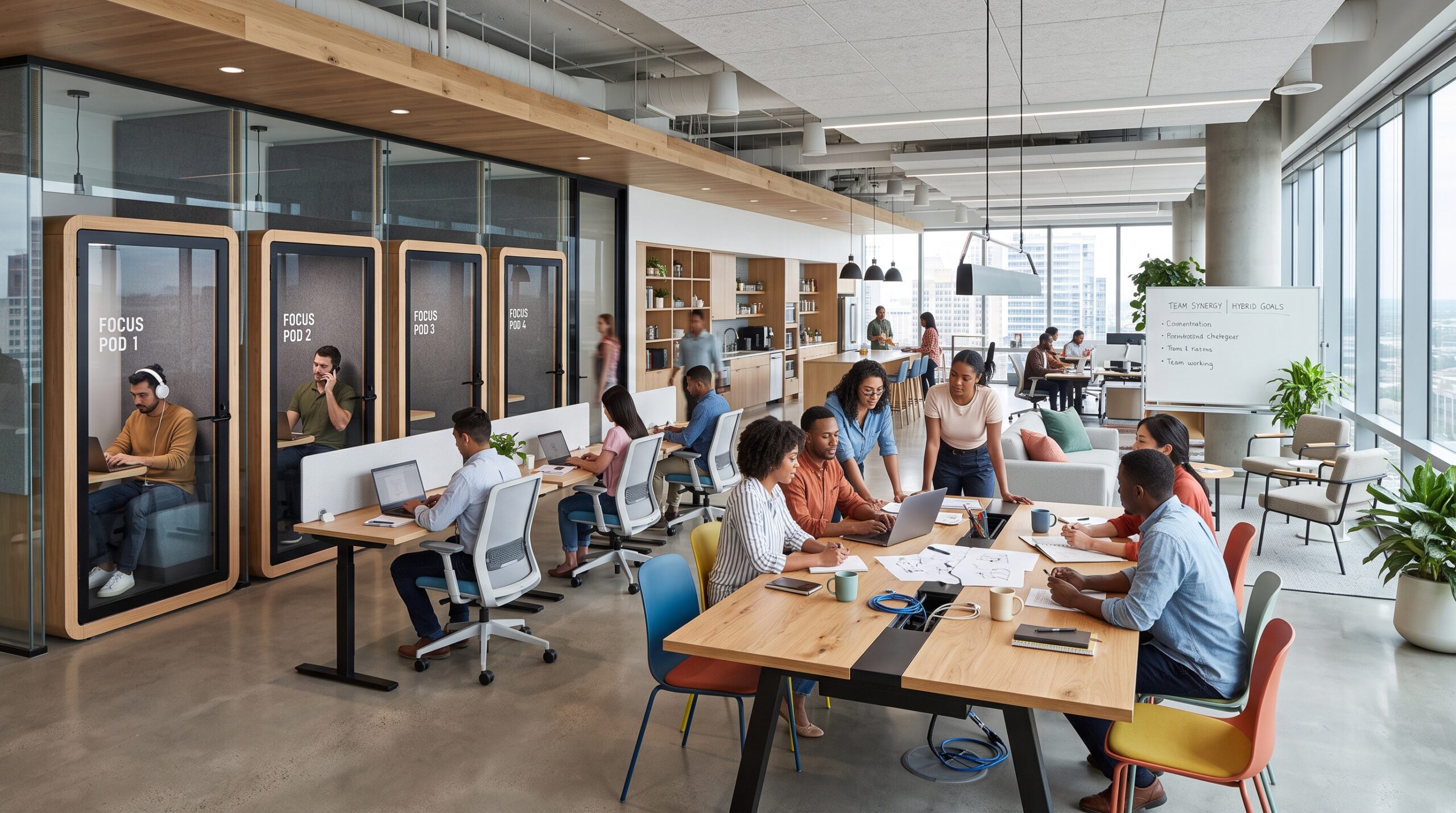 Modern hybrid office with focused workstation and collaborative area representing infrastructure for deep work