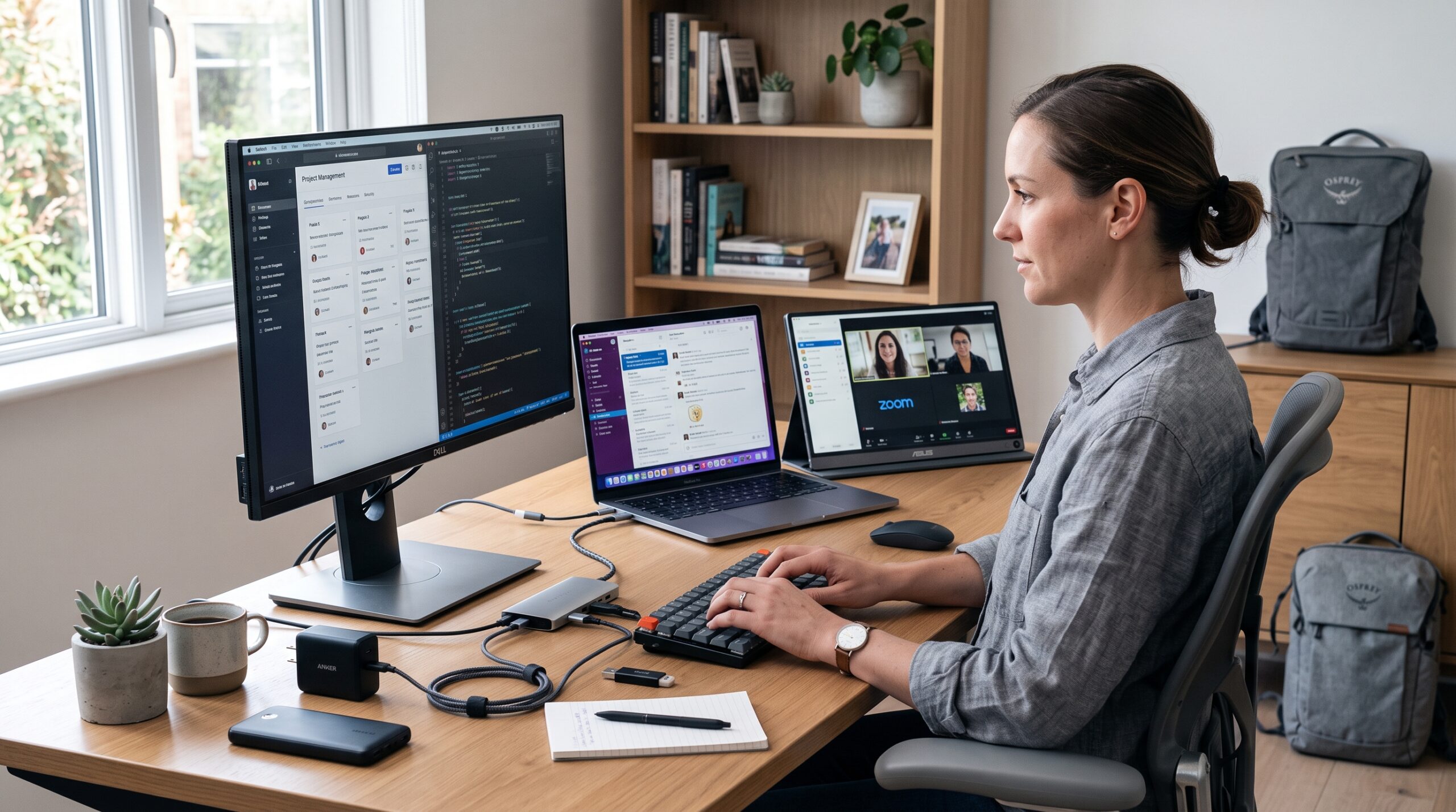 Hybrid worker home office showing main monitor, portable monitor, laptop, and compact chargers ready for mobile work