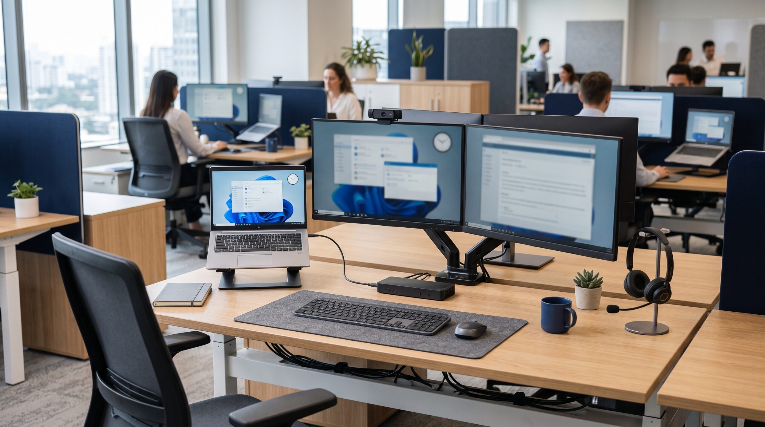 Standardized hybrid-work workstation with a laptop, USB-C dock, dual monitors, headset, and managed desk accessories.