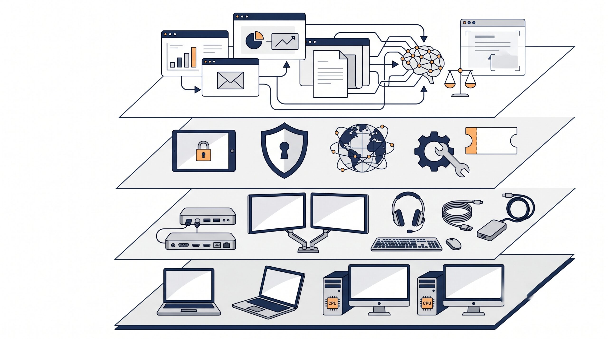 Four-layer hybrid work technology budget framework covering hardware, peripherals, support, security, software, and AI.