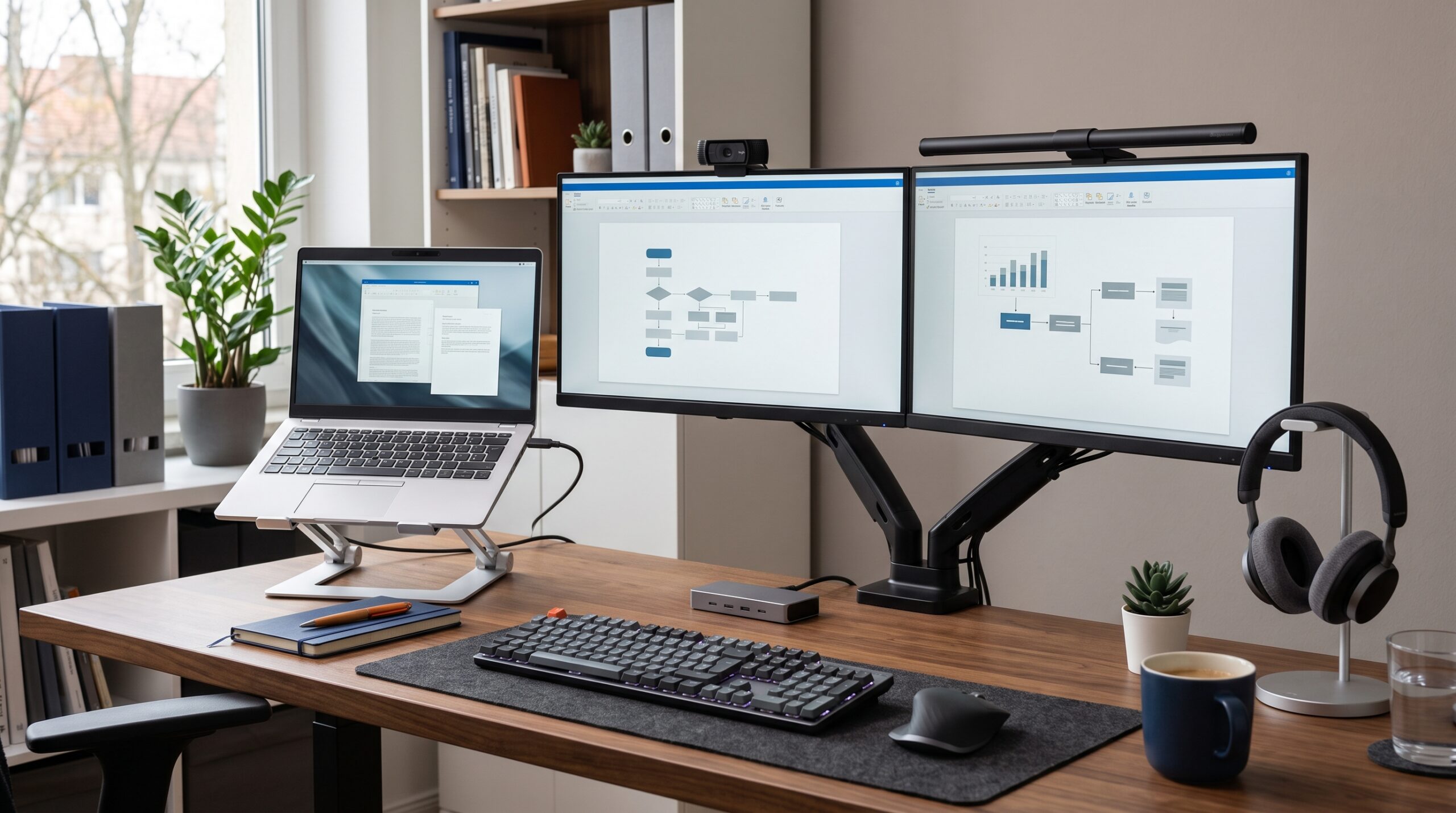 Focused hybrid-work desk with laptop stand, USB-C dock, dual monitors, ergonomic peripherals, headset, and organized cables.