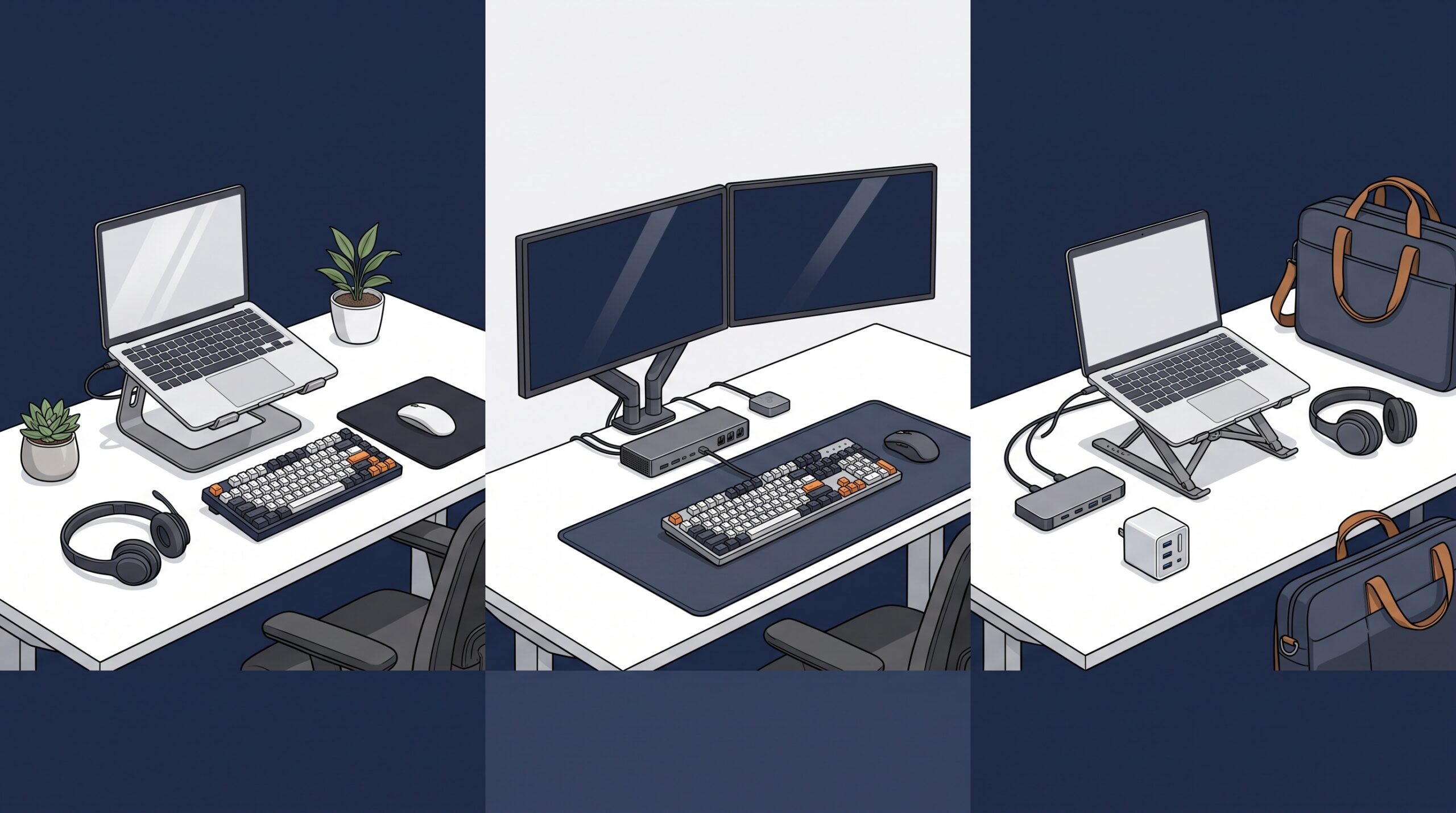 Desk accessory priorities for knowledge workers, analysts, and mobile hybrid workers.
