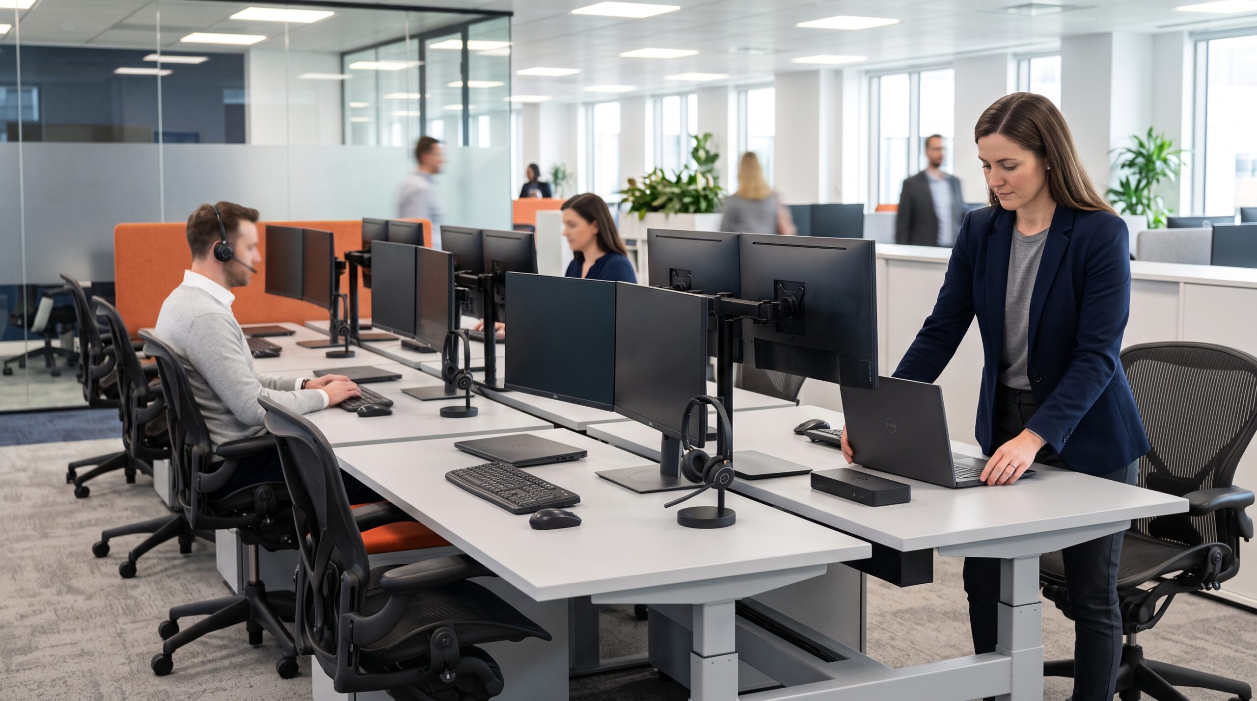 Standardized hybrid workstations with consistent laptops, docks, monitors, headsets, and one-cable desk connectivity.