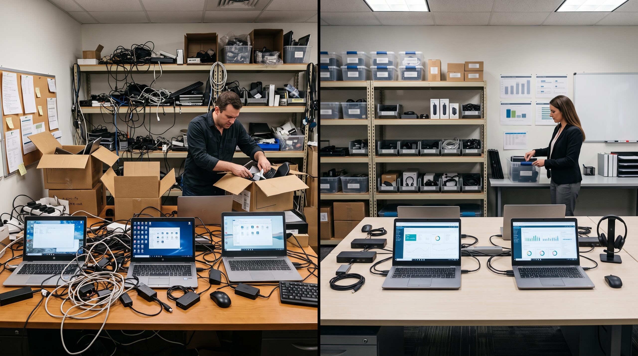 Comparison between uncontrolled technology sprawl and a standardized enterprise hardware procurement environment.