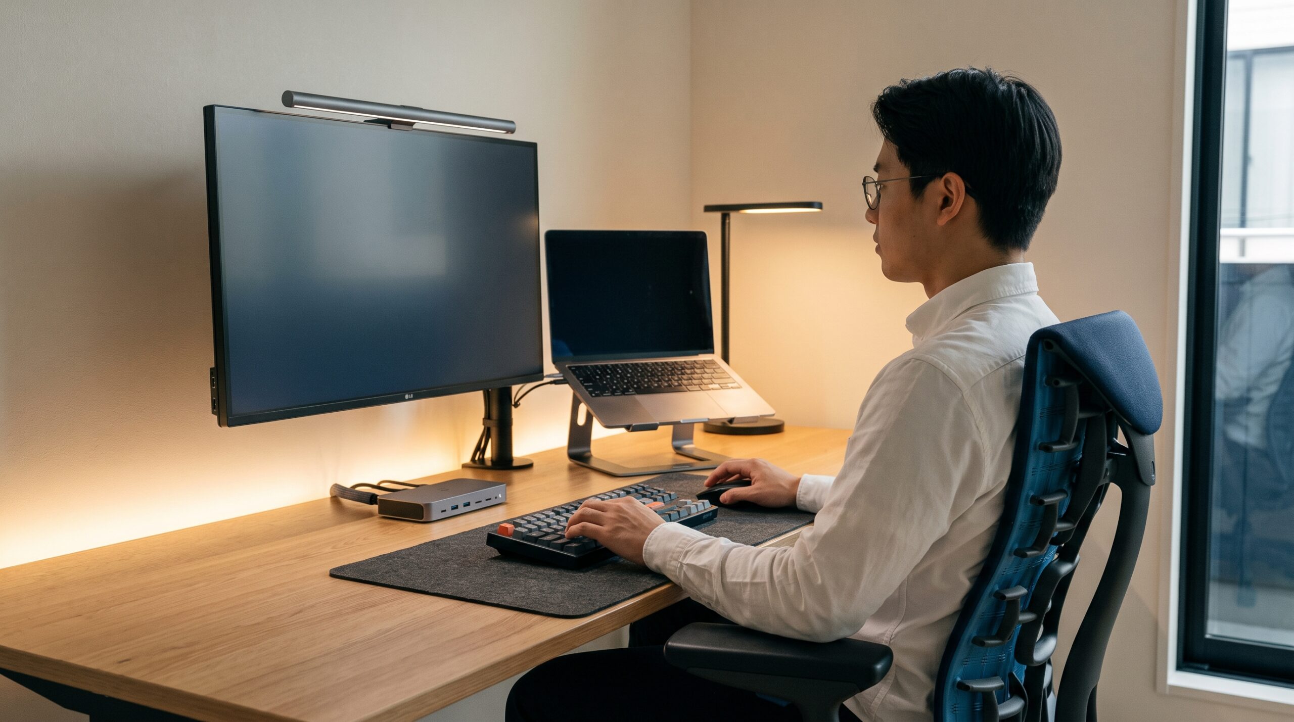 Ergonomic home office with eye-level monitor, laptop stand, external keyboard, and dock.
