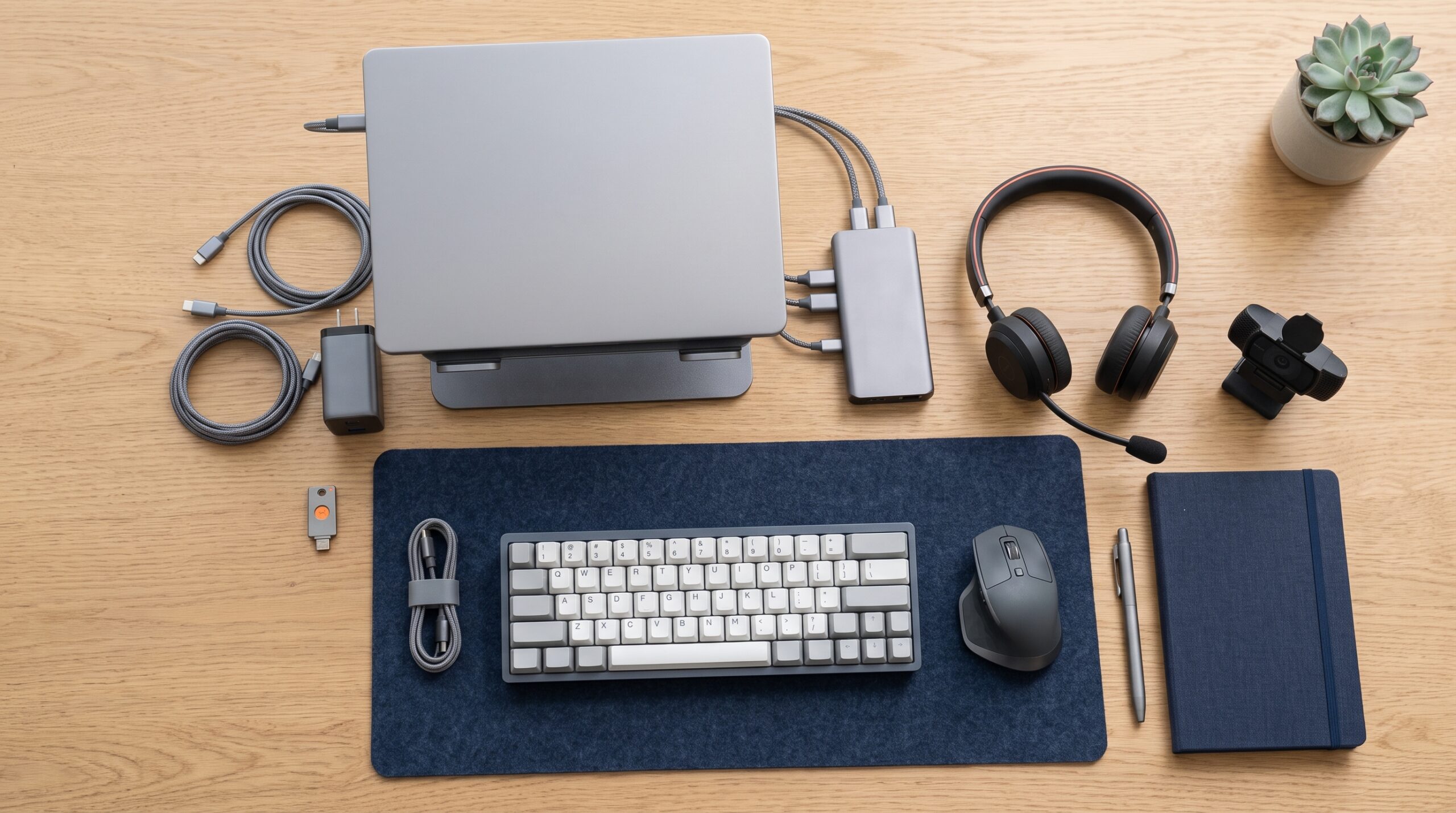 Essential productivity tools for remote and hybrid workers, including a laptop stand, dock, headset, charger, and ergonomic peripherals.