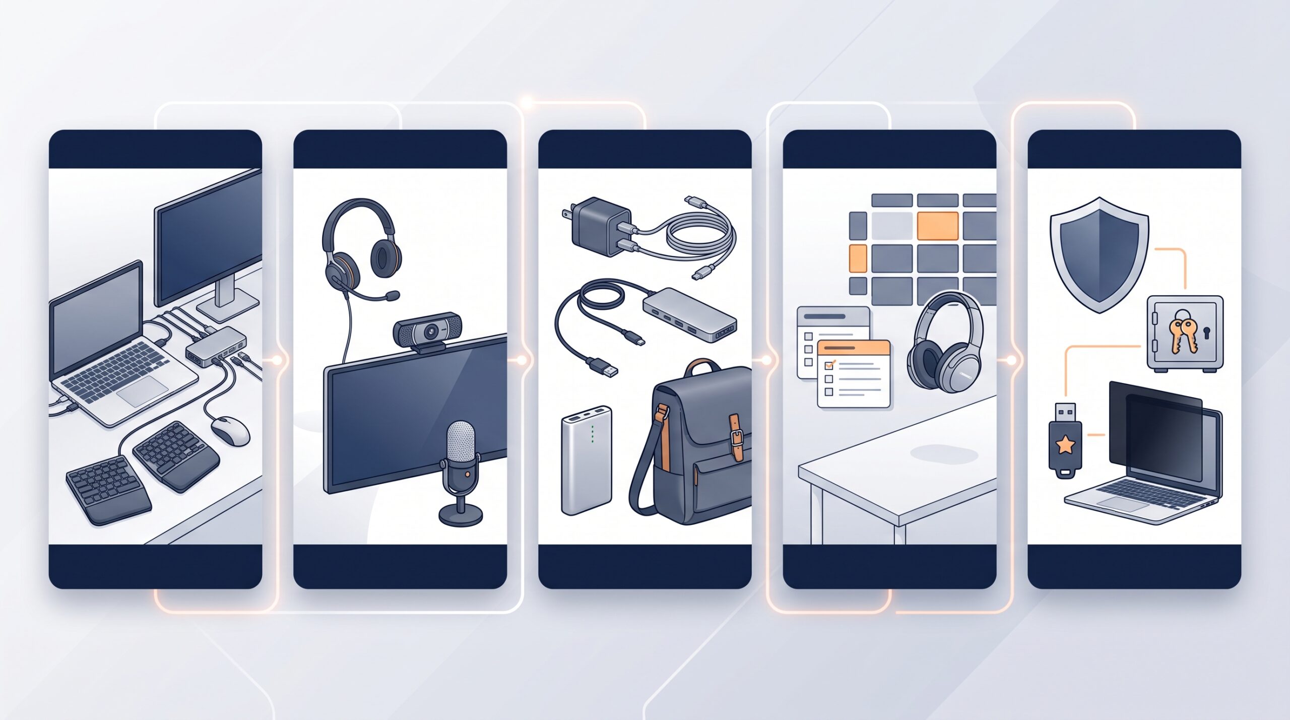 Five layers of a hybrid productivity toolkit: workspace, communication, mobility, focus, and security.