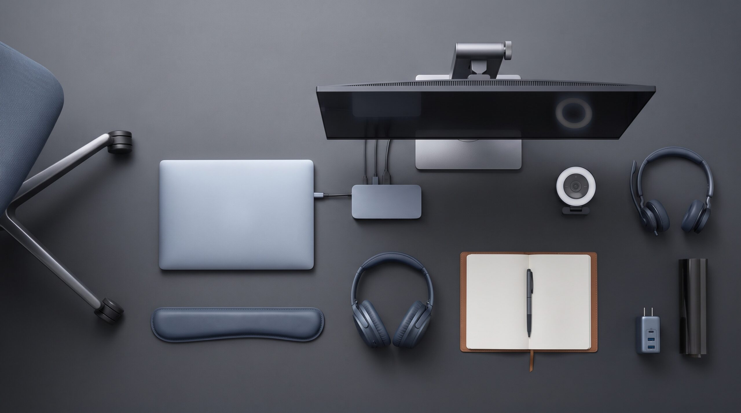 Essential tools organized around desk setup, ergonomics, communication, focus, and security.