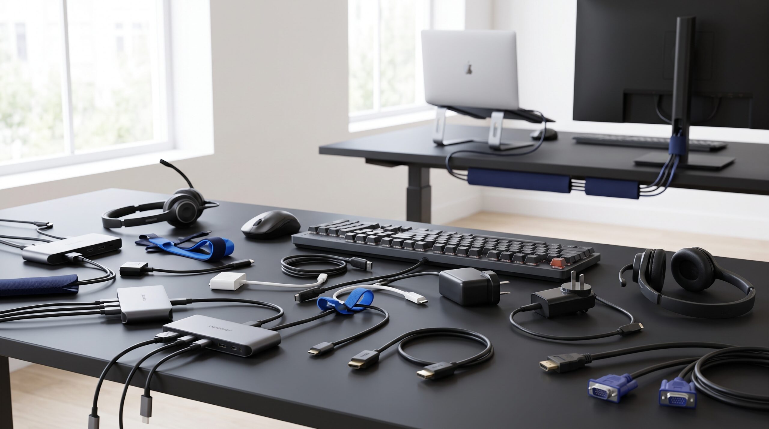 Mismatched workplace hardware contrasted with a standardized hybrid work setup.