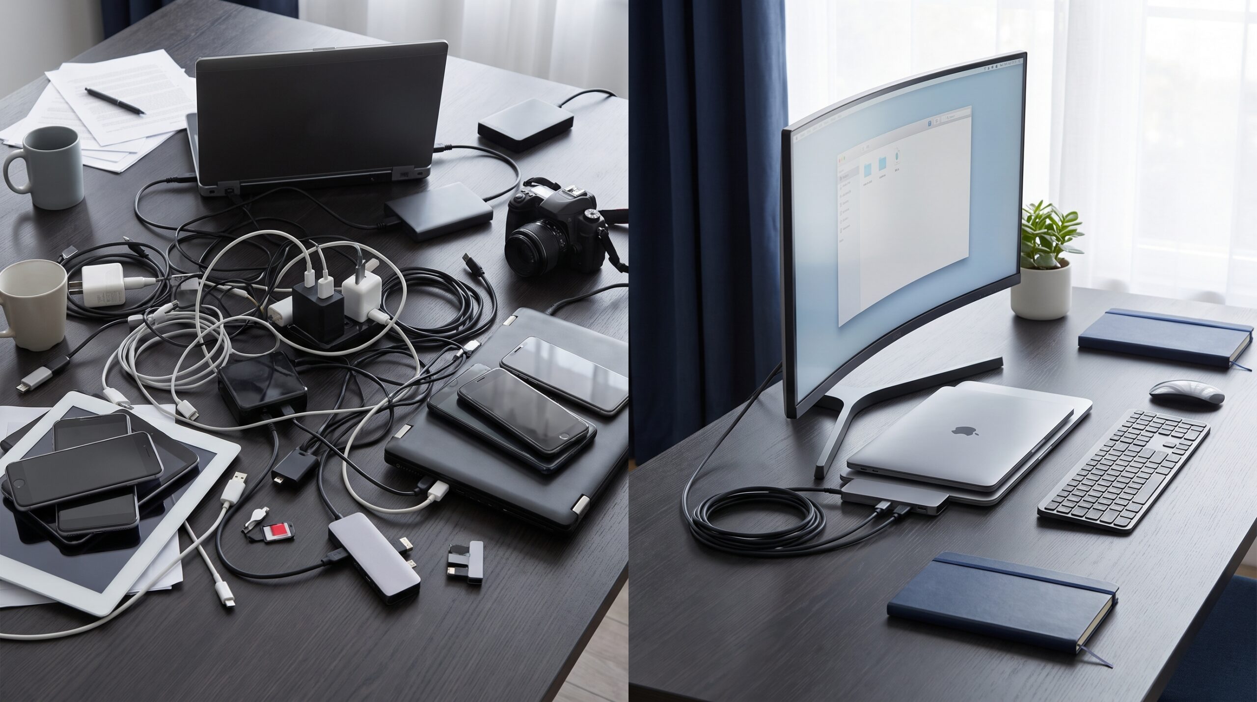Cluttered home office gadgets contrasted with a simple, focused workstation.