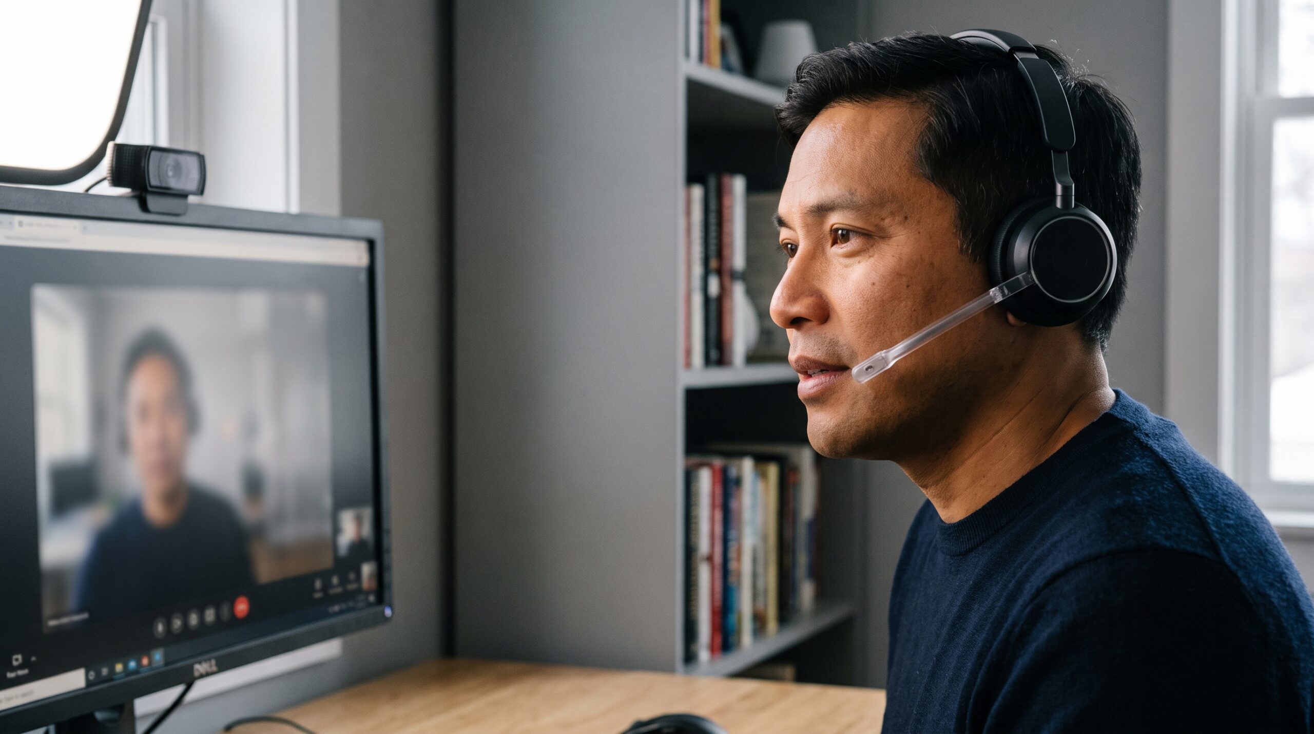 Remote professional using a noise-cancelling headset, webcam, and lighting for video calls.
