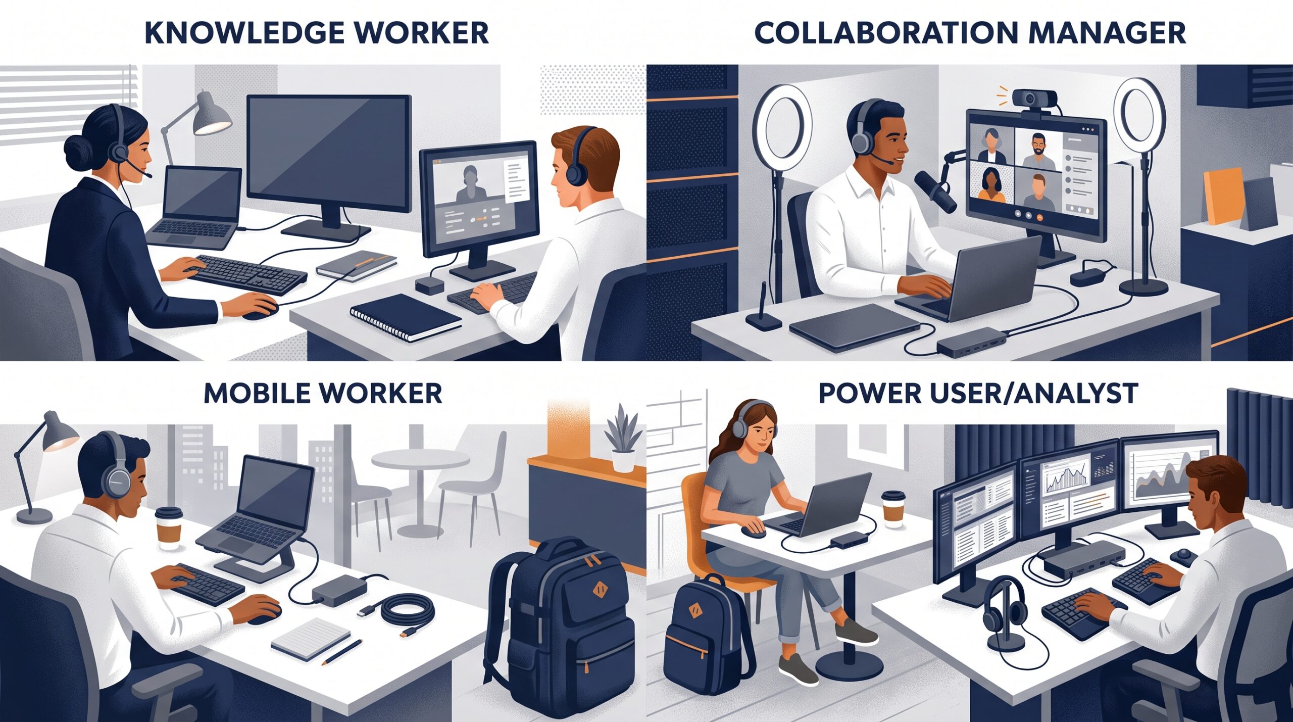 Productivity tool priorities for knowledge workers, managers, mobile workers, and analysts in hybrid work.