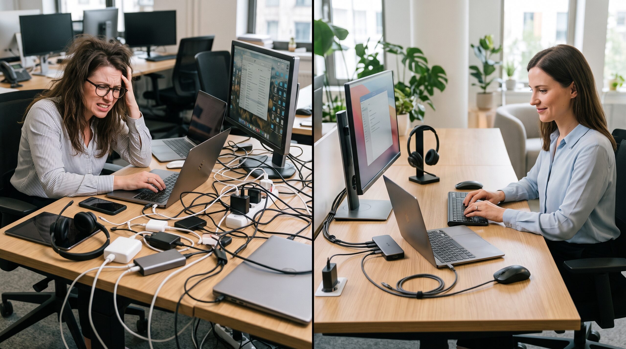 Comparison between a cluttered collection of work tools and a simple, reliable hybrid productivity setup.